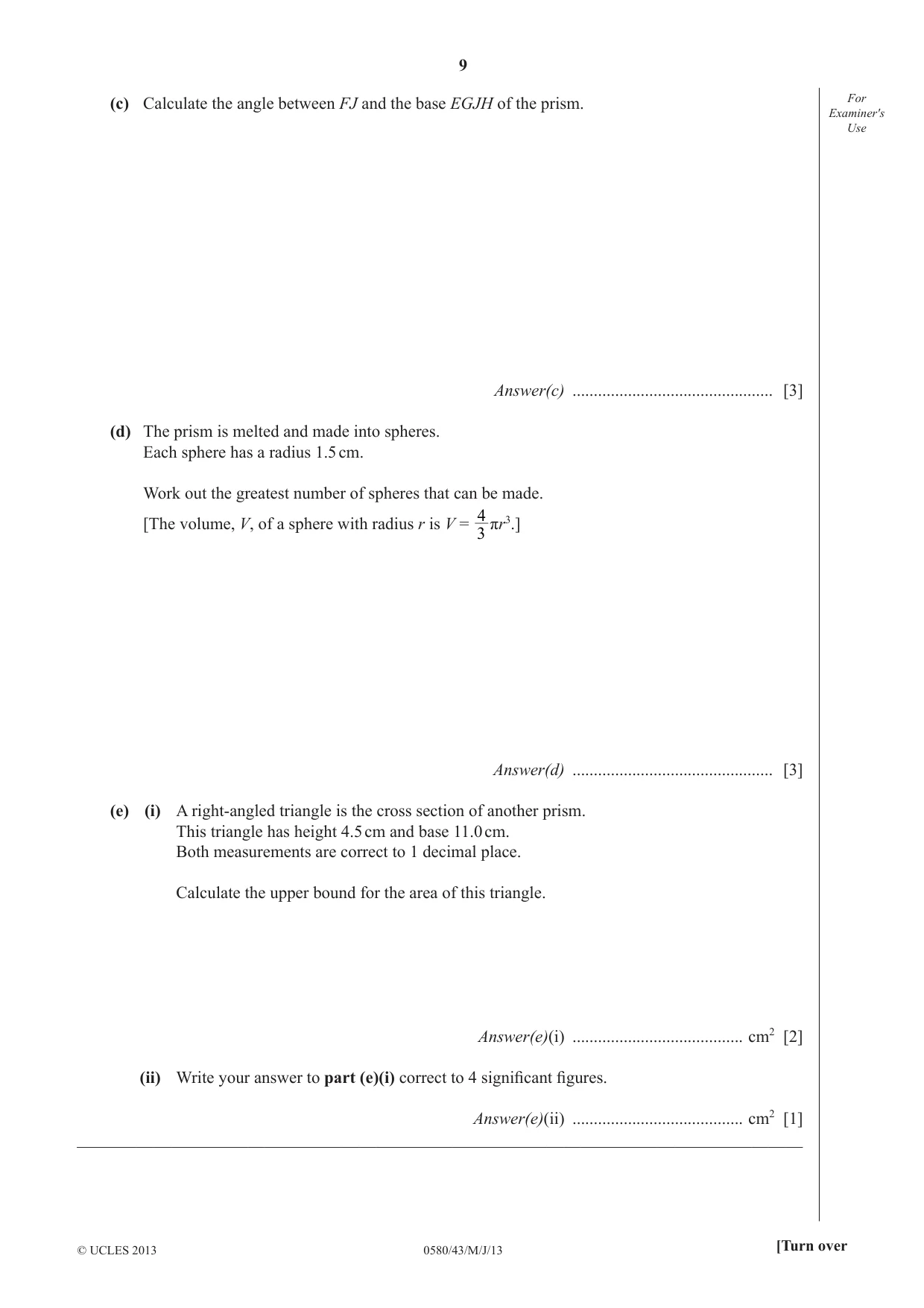 Cambridge IGCSE Mathematics 0580 2013 May/June Paper 4 · Variant 3 question paper, page 9 of 20