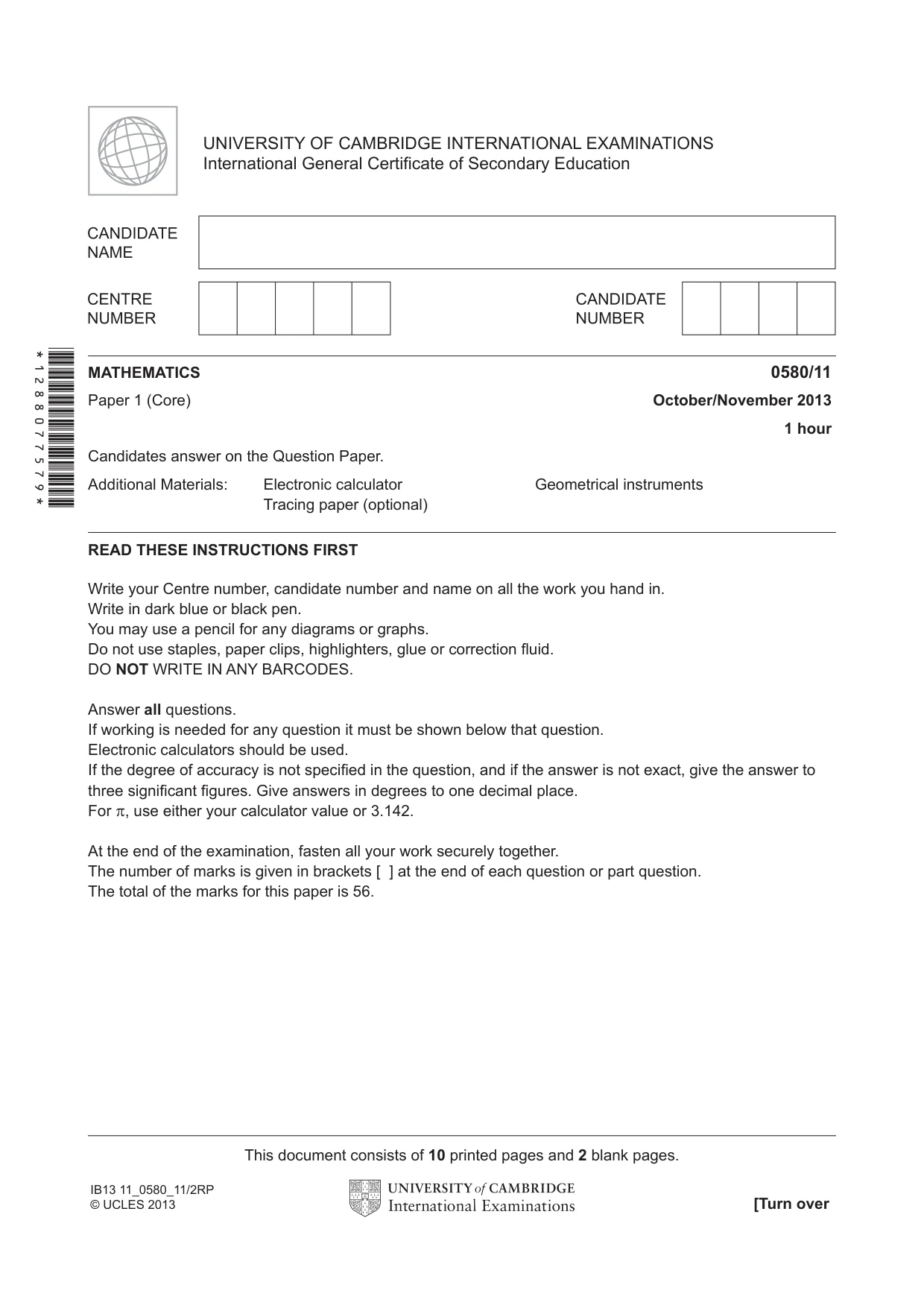 Cambridge IGCSE Mathematics 0580 2013 Oct/Nov Paper 1 · Variant 1 question paper, page 1 of 12