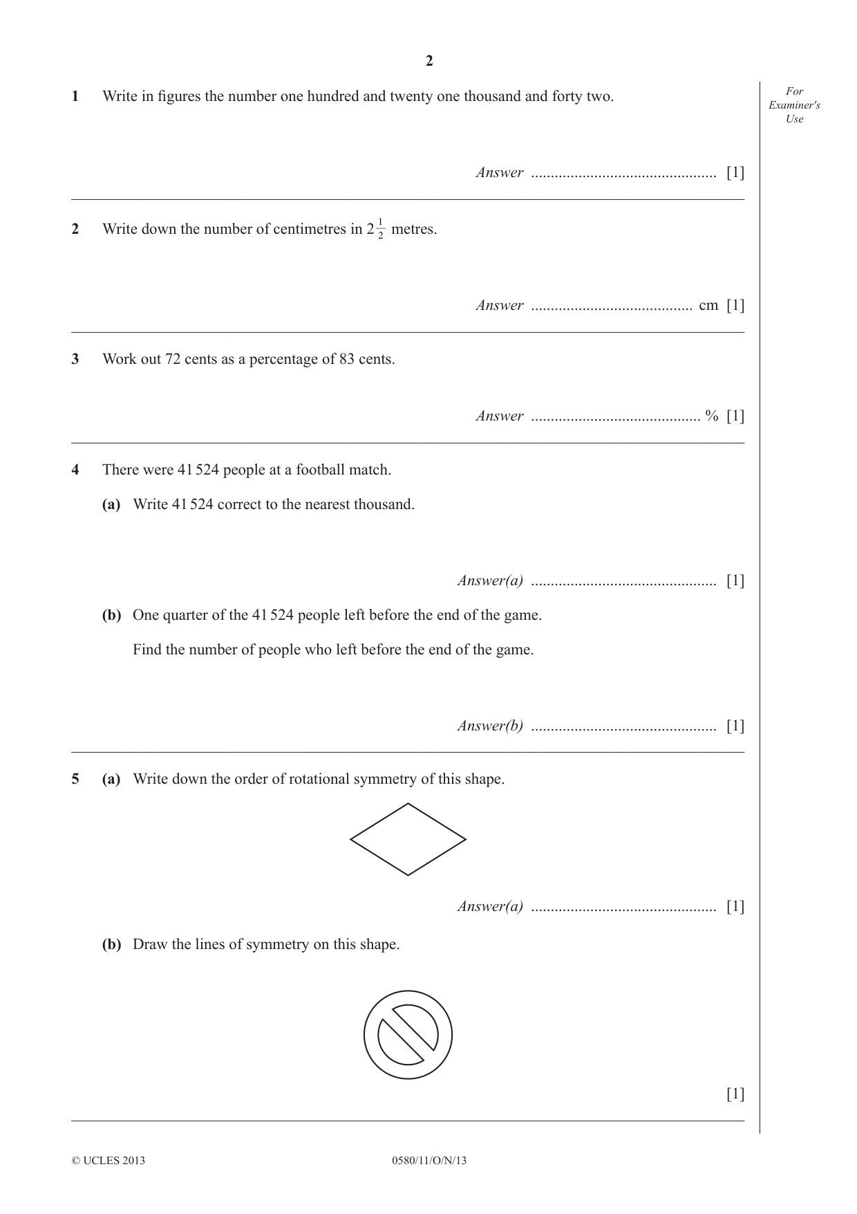 Cambridge IGCSE Mathematics 0580 2013 Oct/Nov Paper 1 · Variant 1 question paper, page 2 of 12