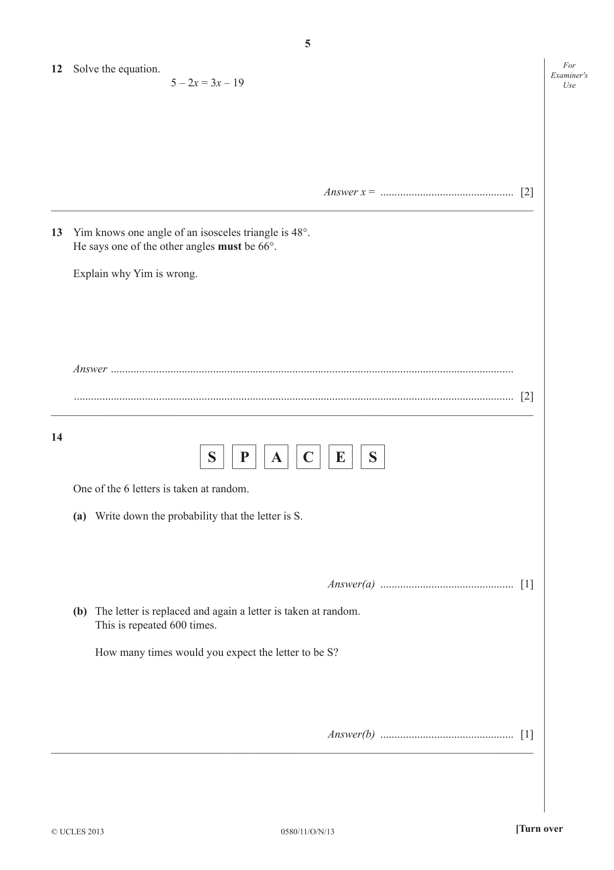 Cambridge IGCSE Mathematics 0580 2013 Oct/Nov Paper 1 · Variant 1 question paper, page 5 of 12