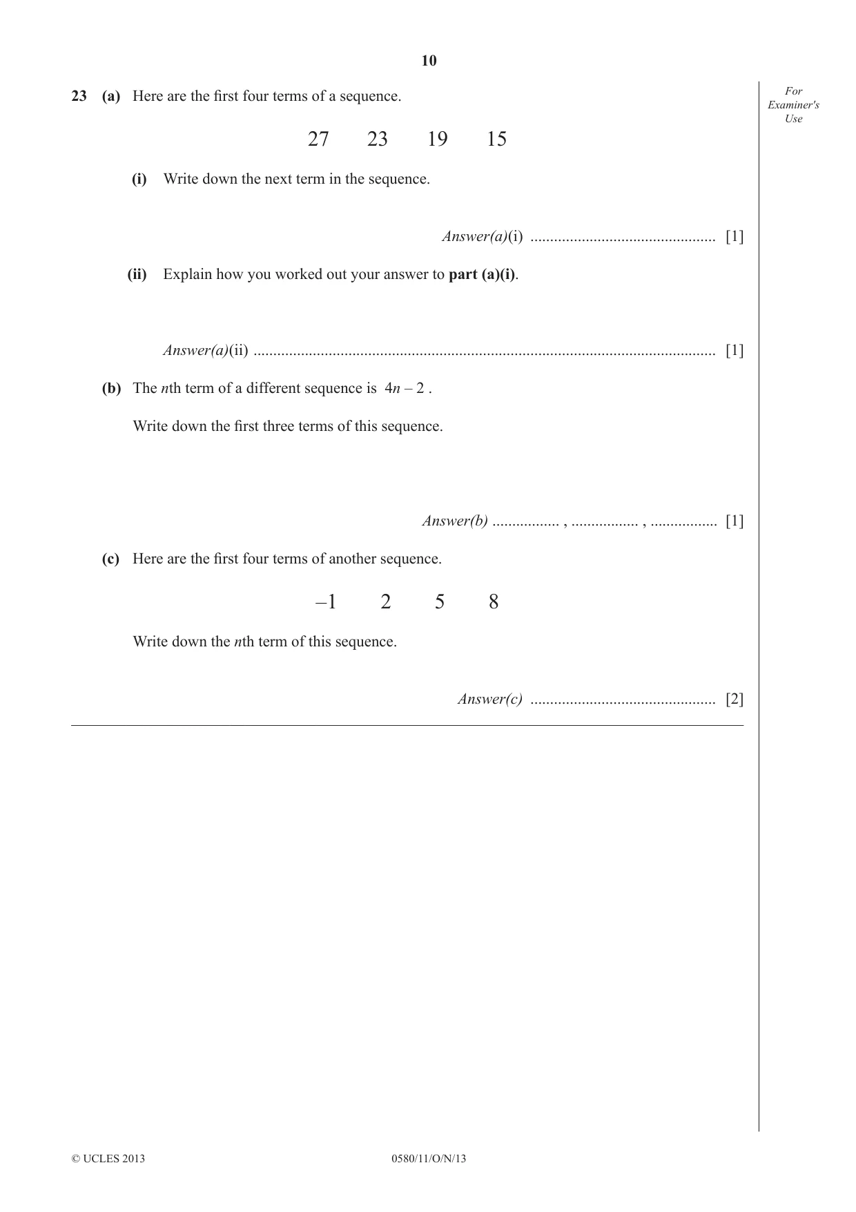 Cambridge IGCSE Mathematics 0580 2013 Oct/Nov Paper 1 · Variant 1 question paper, page 10 of 12