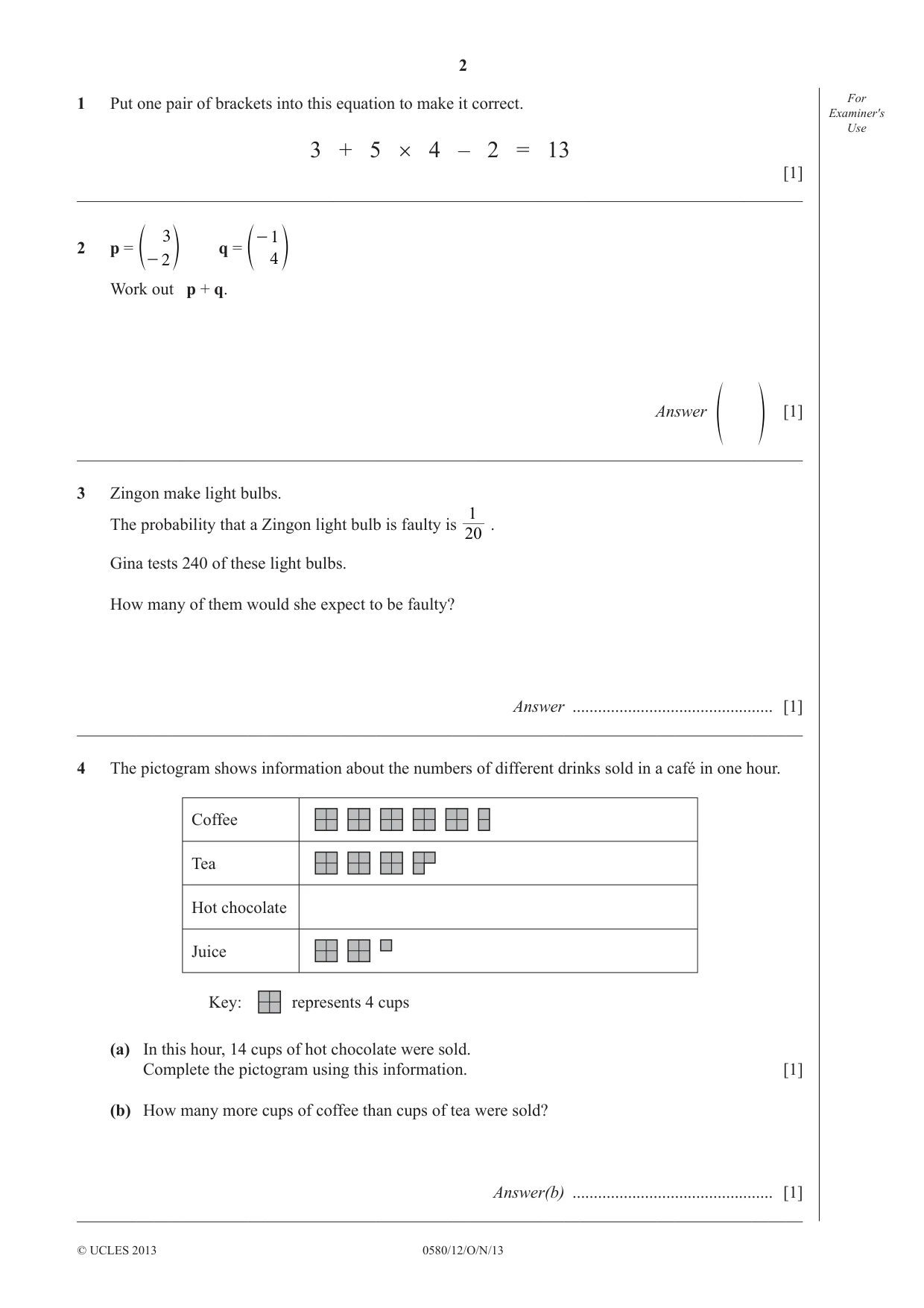Cambridge IGCSE Mathematics 0580 2013 Oct/Nov Paper 1 · Variant 2 question paper, page 2 of 12