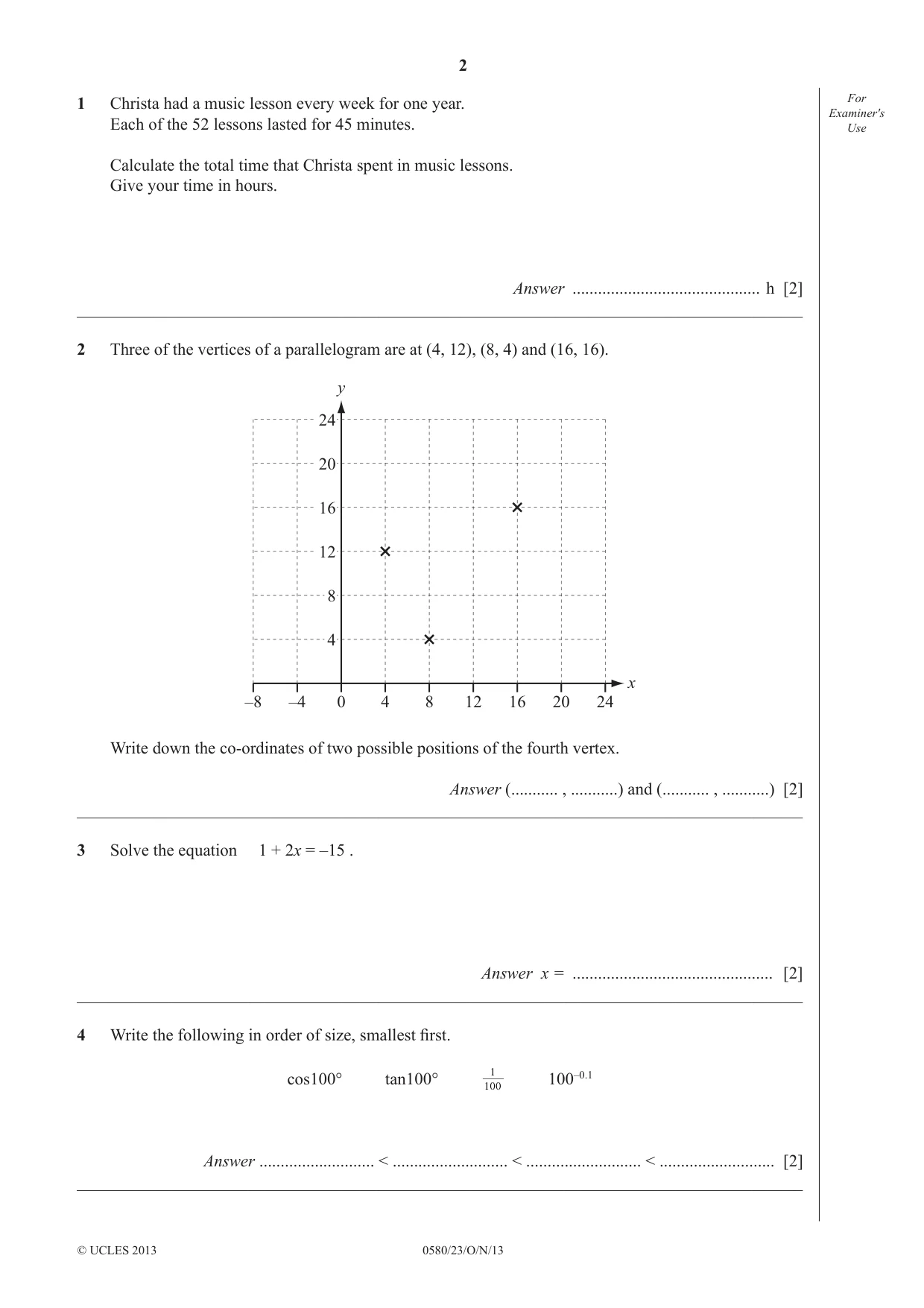 Cambridge IGCSE Mathematics 0580 2013 Oct/Nov Paper 2 · Variant 3 question paper, page 2 of 12