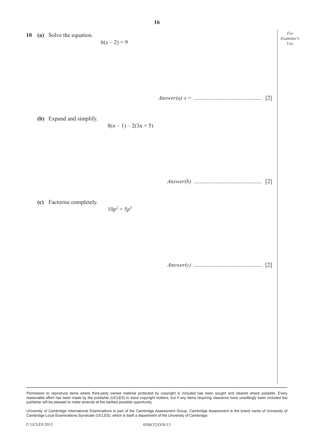 Cambridge IGCSE Mathematics 0580 2013 Oct/Nov Paper 3 · Variant 2 question paper, page 16 of 16