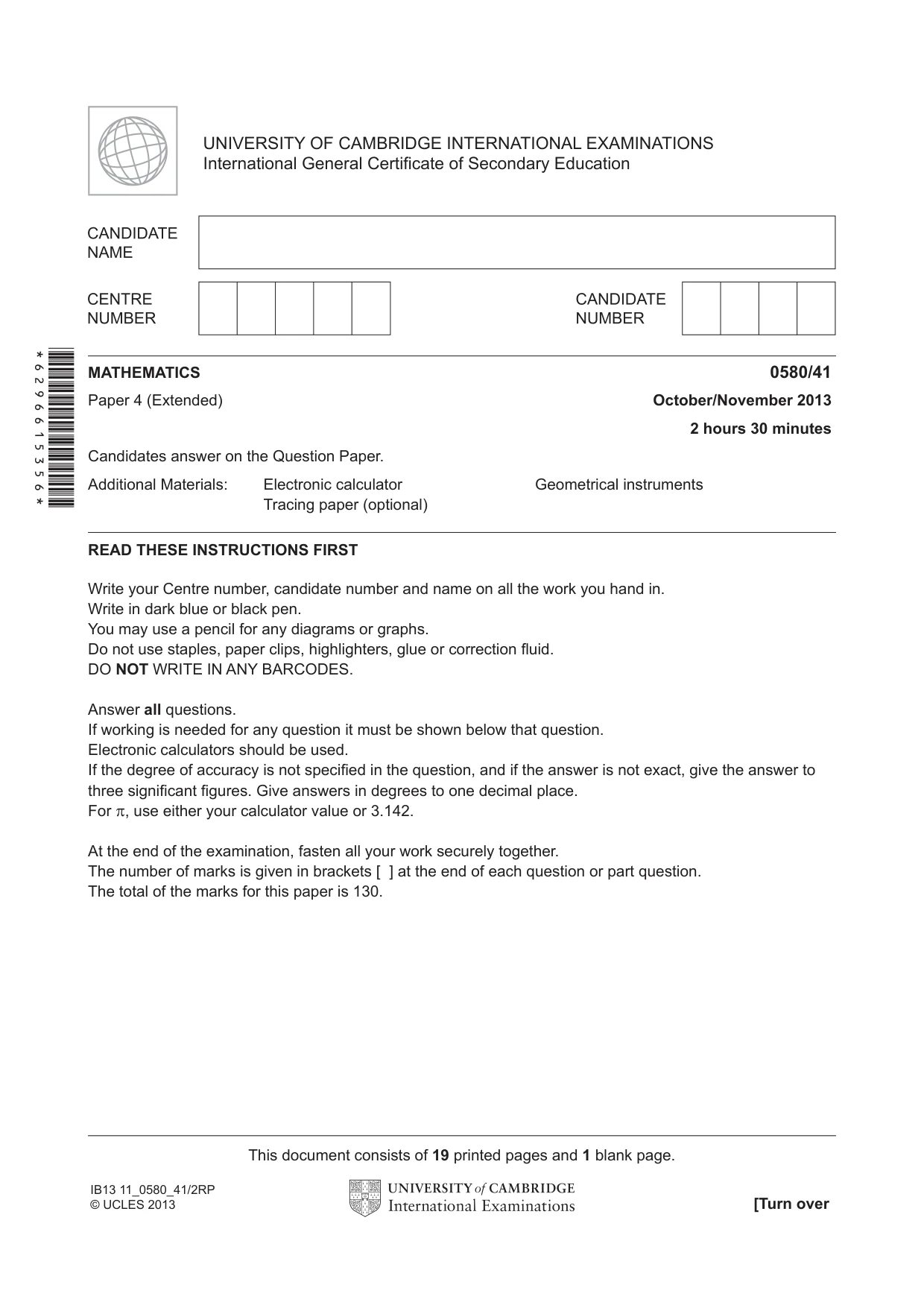 Cambridge IGCSE Mathematics 0580 2013 Oct/Nov Paper 4 · Variant 1 question paper, page 1 of 20