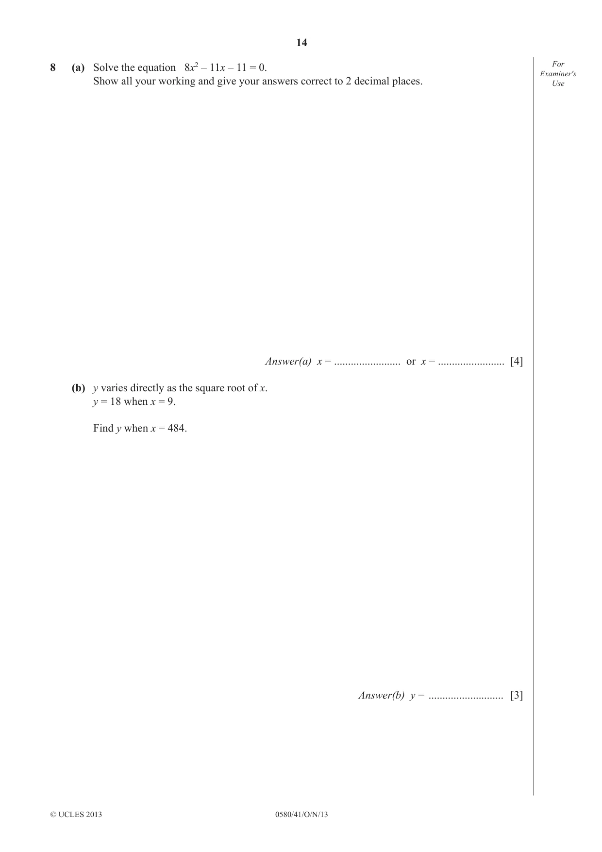 Cambridge IGCSE Mathematics 0580 2013 Oct/Nov Paper 4 · Variant 1 question paper, page 14 of 20