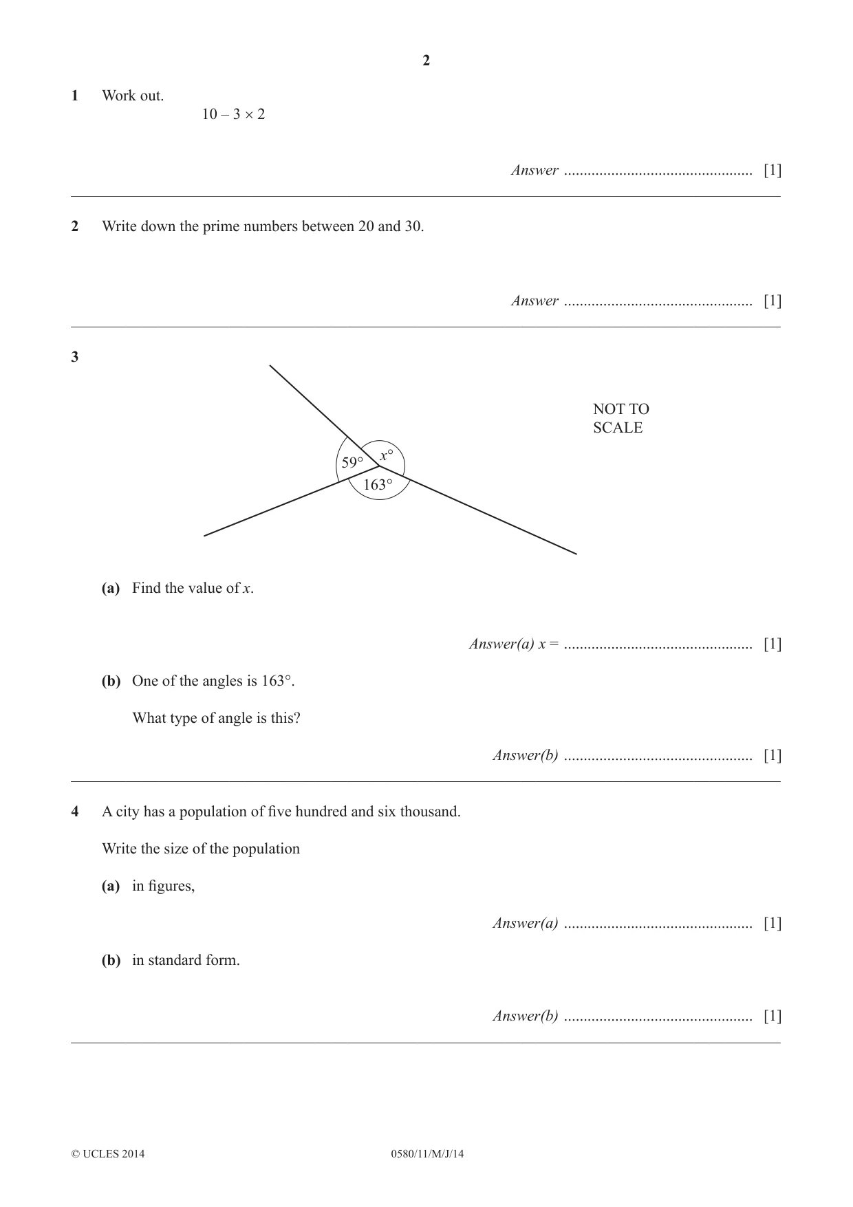 Cambridge IGCSE Mathematics 0580 2014 May/June Paper 1 · Variant 1 question paper, page 2 of 12