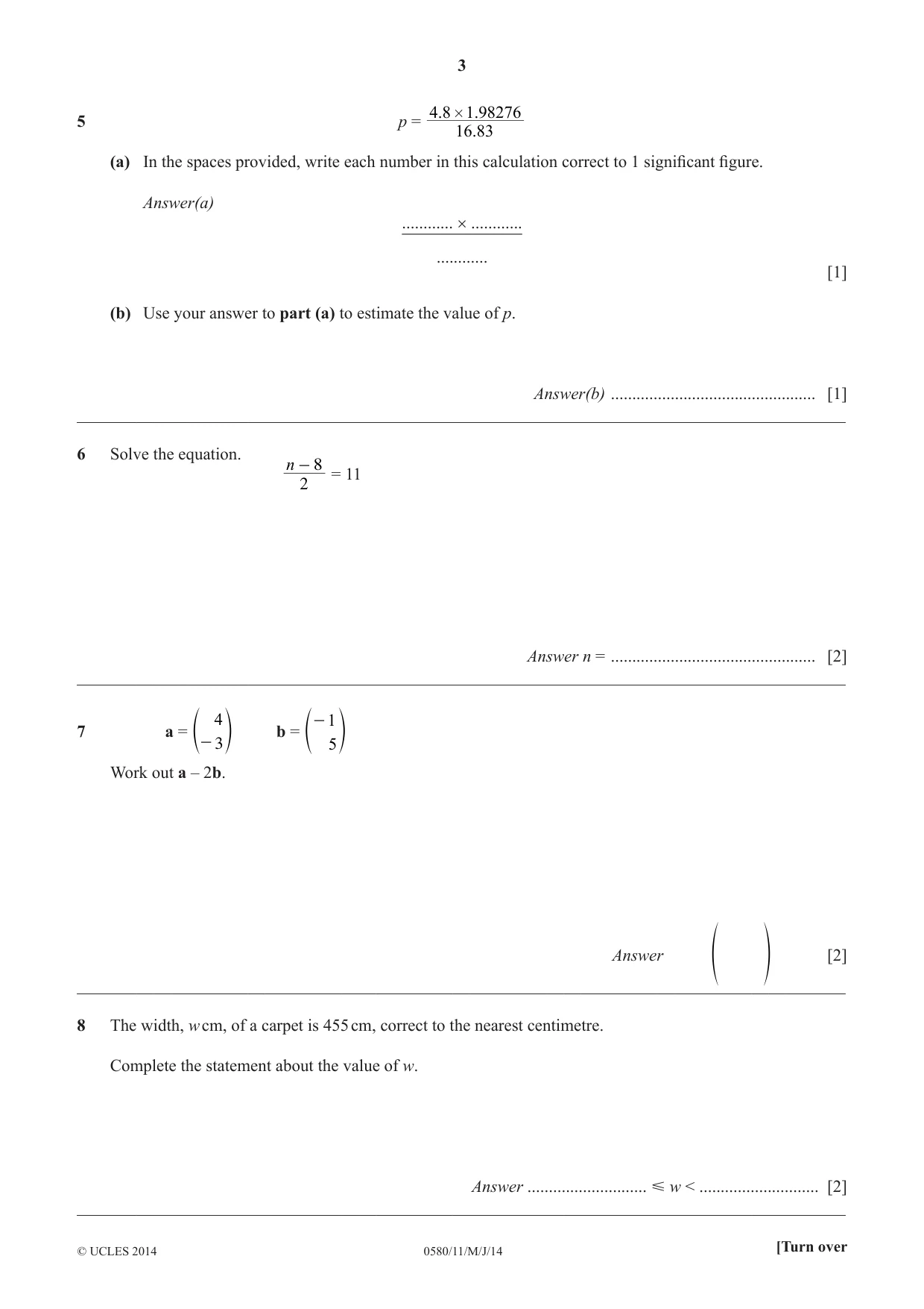 Cambridge IGCSE Mathematics 0580 2014 May/June Paper 1 · Variant 1 question paper, page 3 of 12