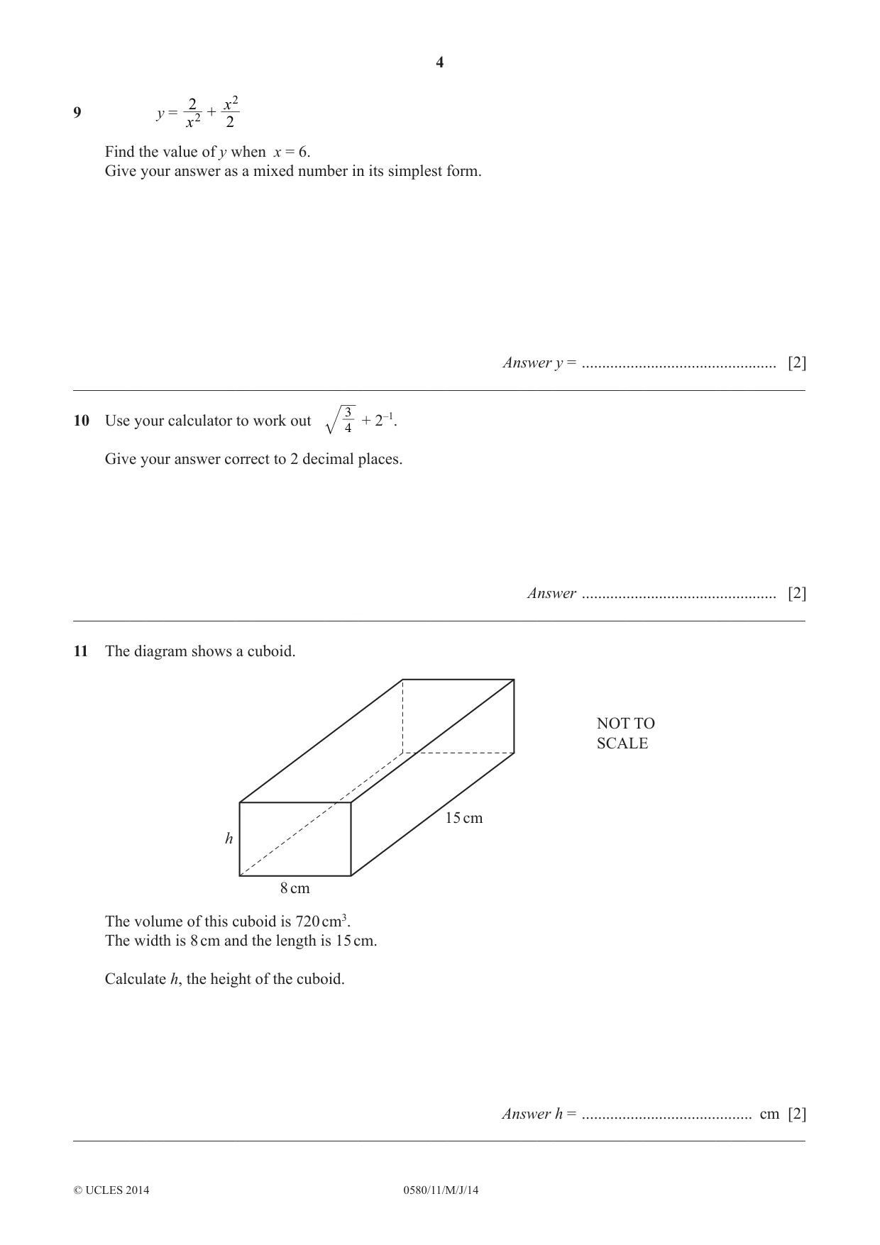 Cambridge IGCSE Mathematics 0580 2014 May/June Paper 1 · Variant 1 question paper, page 4 of 12