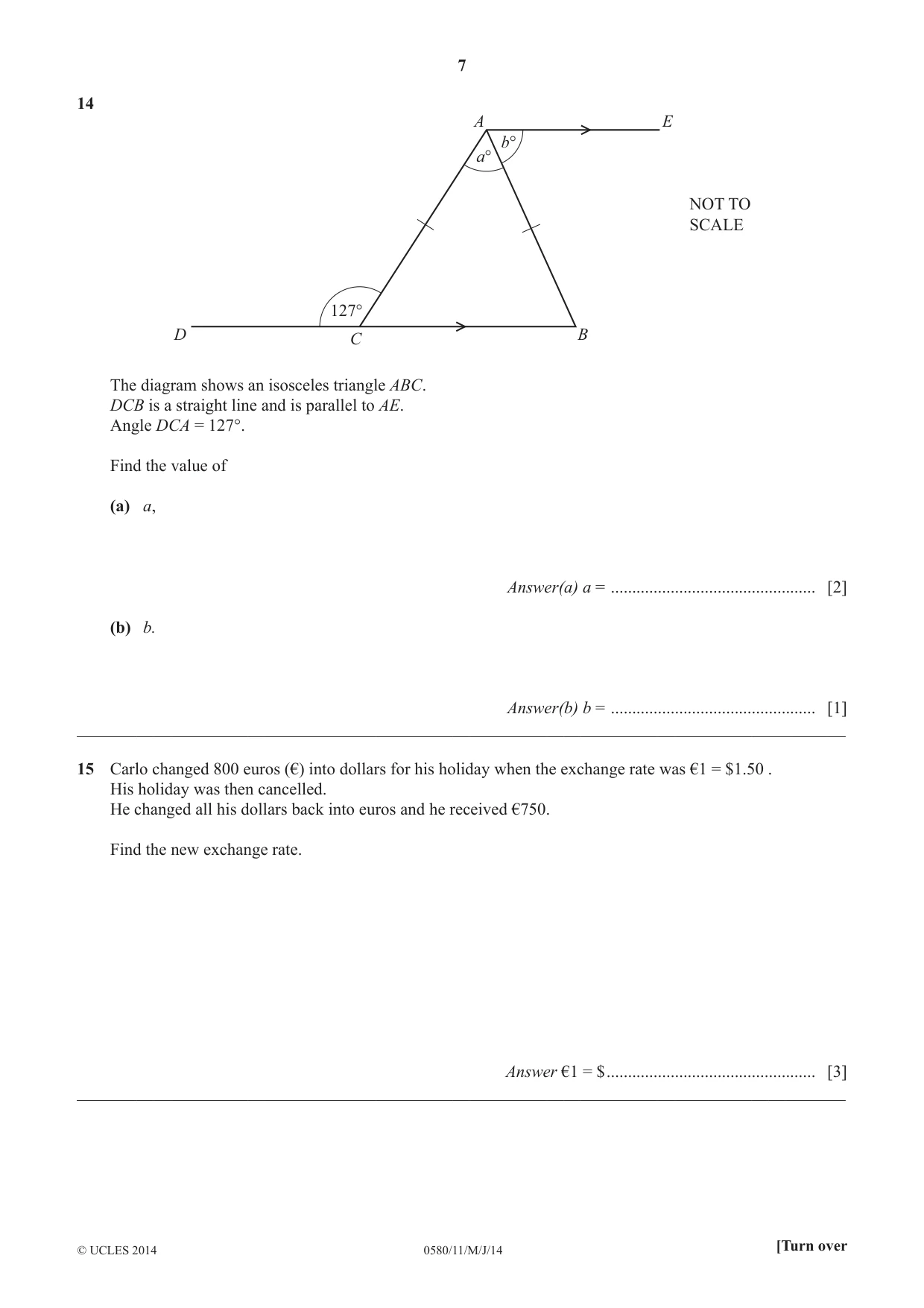 Cambridge IGCSE Mathematics 0580 2014 May/June Paper 1 · Variant 1 question paper, page 7 of 12