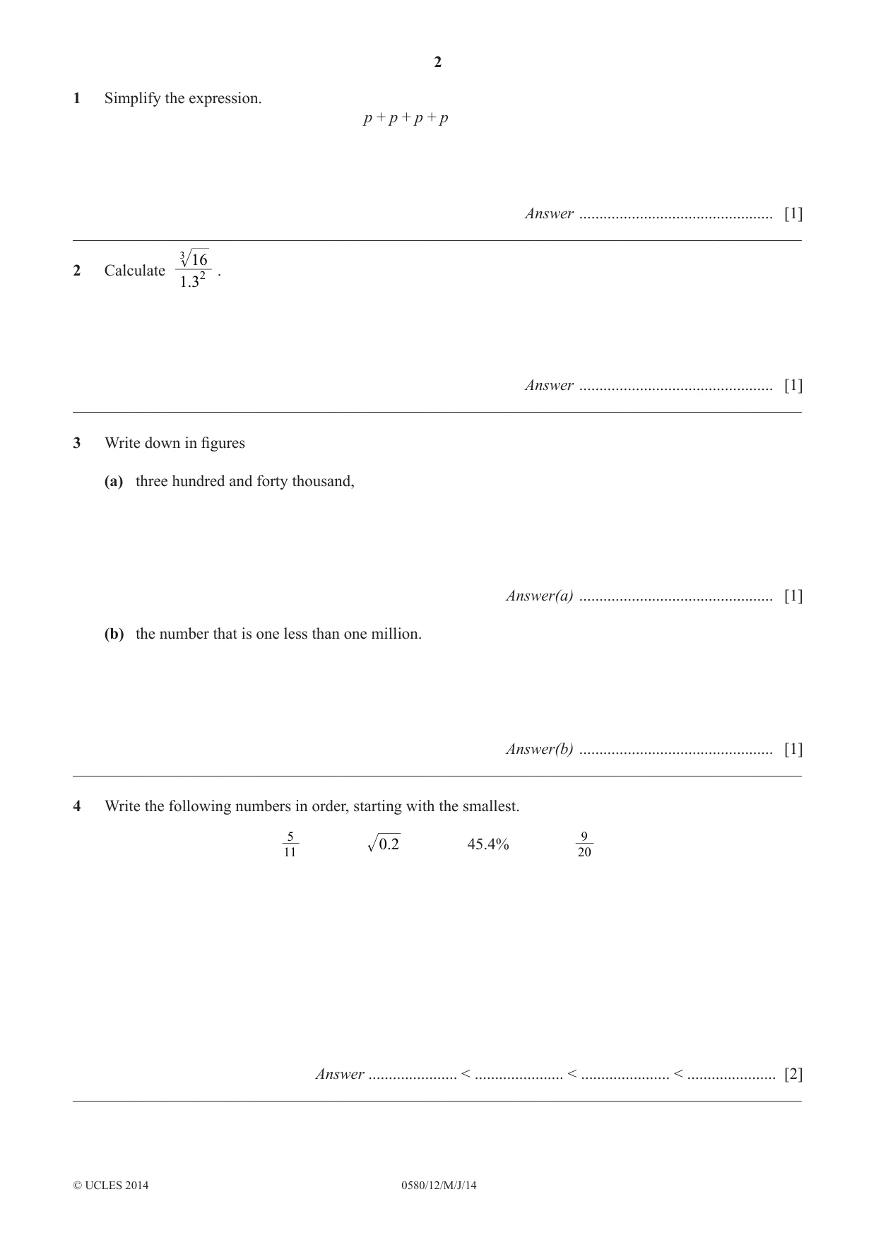 Cambridge IGCSE Mathematics 0580 2014 May/June Paper 1 · Variant 2 question paper, page 2 of 12