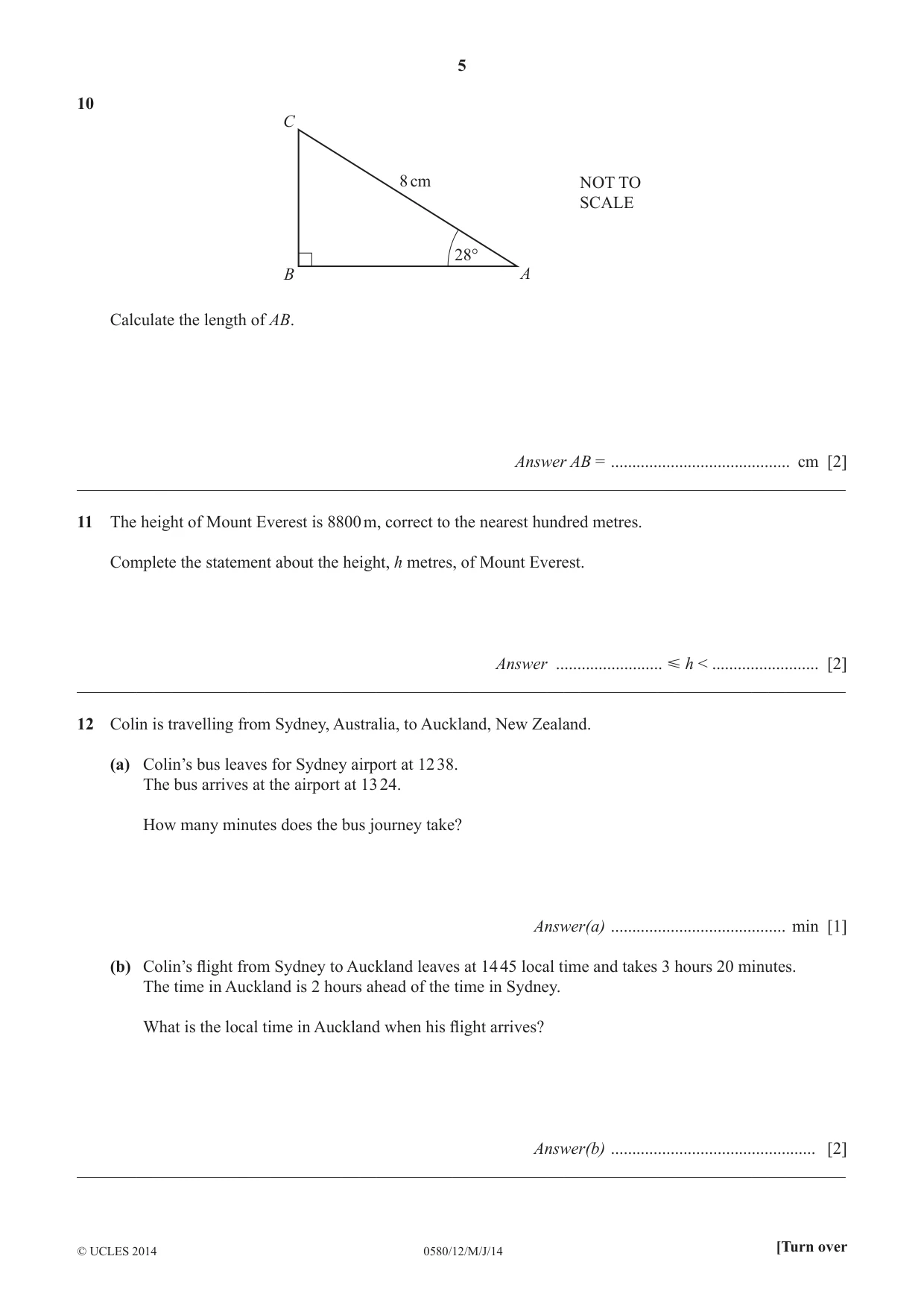 Cambridge IGCSE Mathematics 0580 2014 May/June Paper 1 · Variant 2 question paper, page 5 of 12