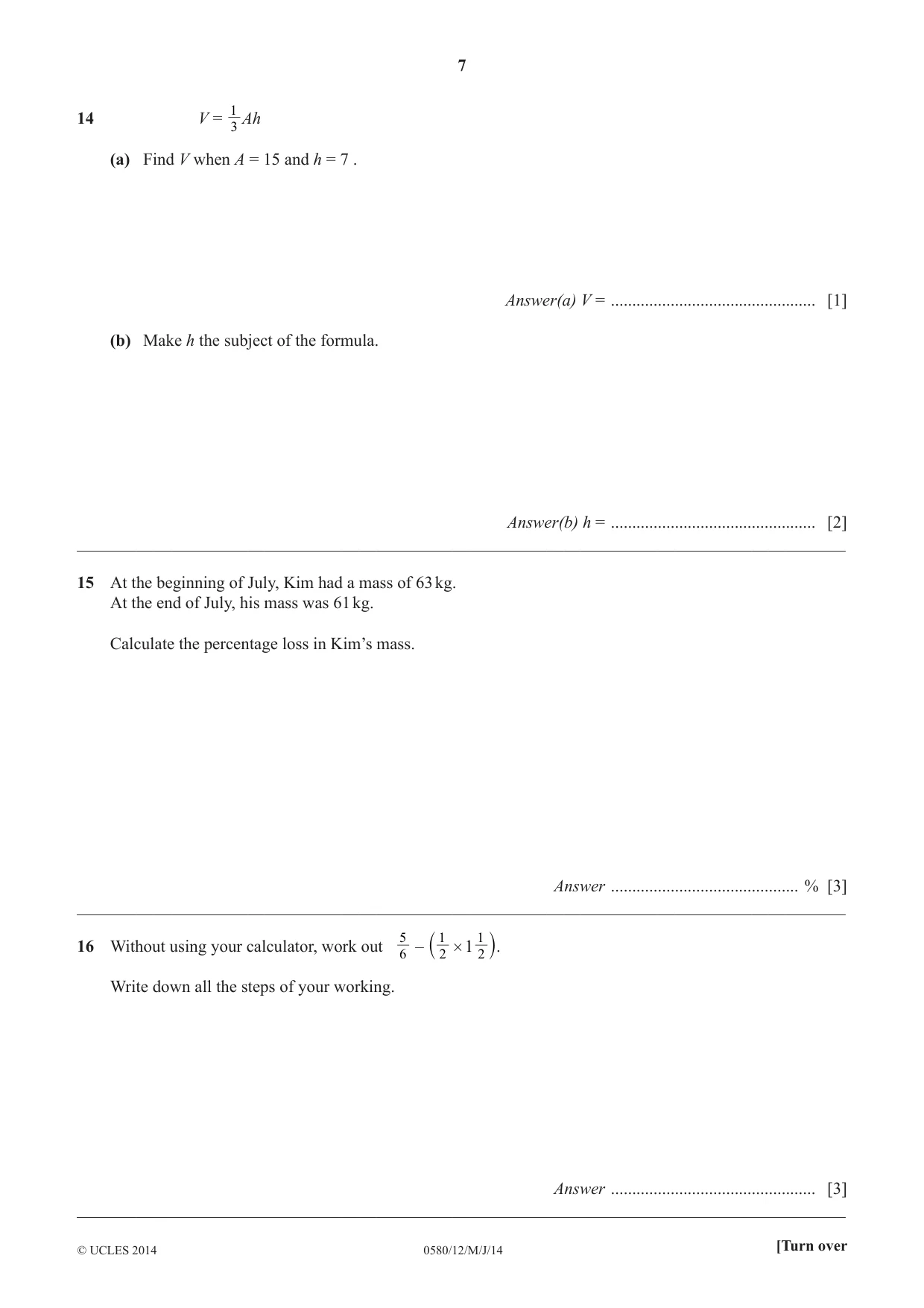 Cambridge IGCSE Mathematics 0580 2014 May/June Paper 1 · Variant 2 question paper, page 7 of 12