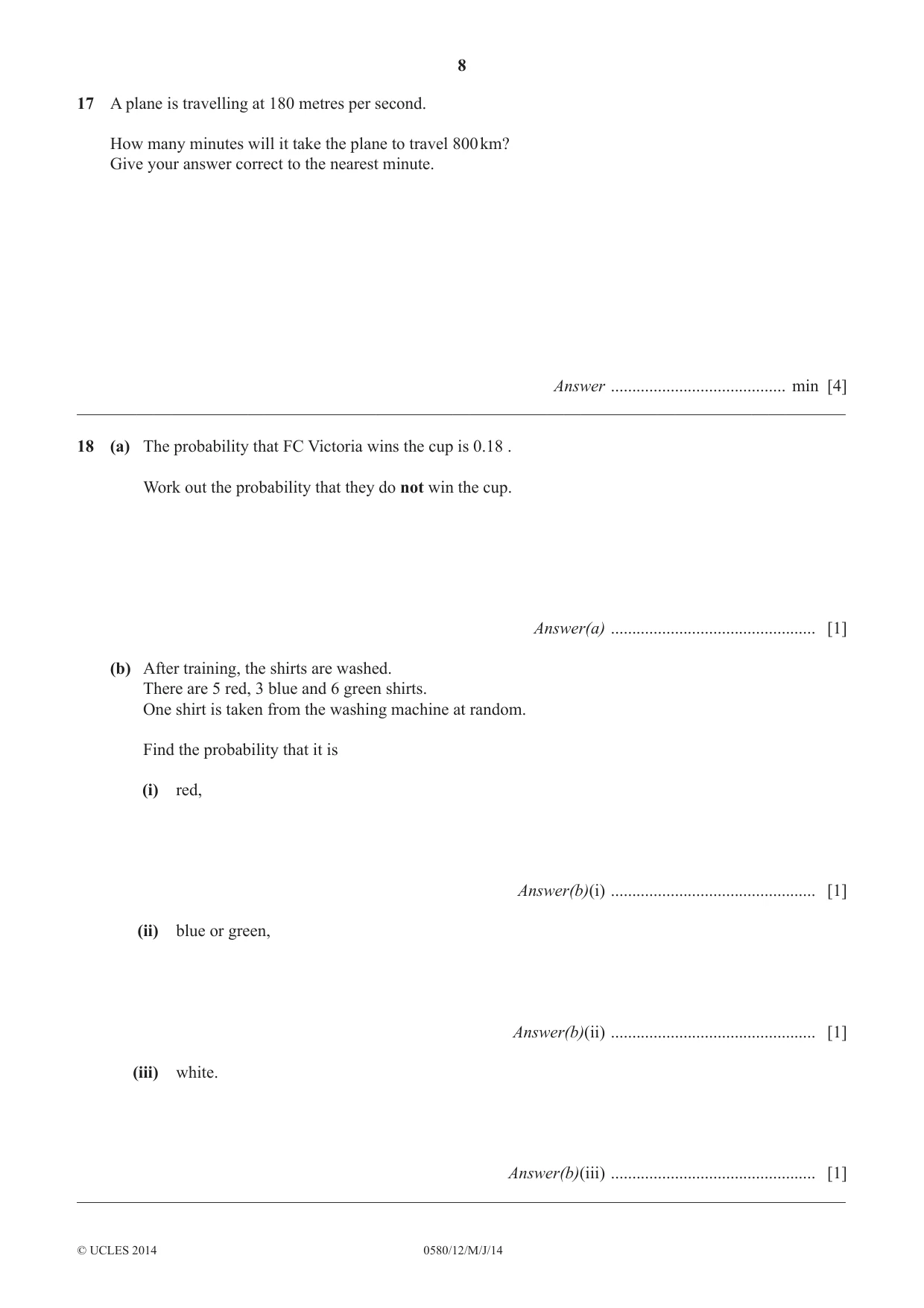 Cambridge IGCSE Mathematics 0580 2014 May/June Paper 1 · Variant 2 question paper, page 8 of 12