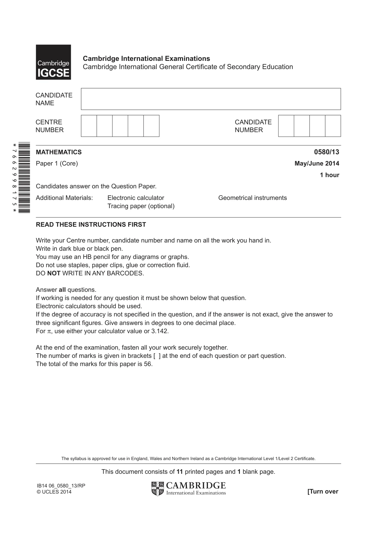 Cambridge IGCSE Mathematics 0580 2014 May/June Paper 1 · Variant 3 question paper, page 1 of 12