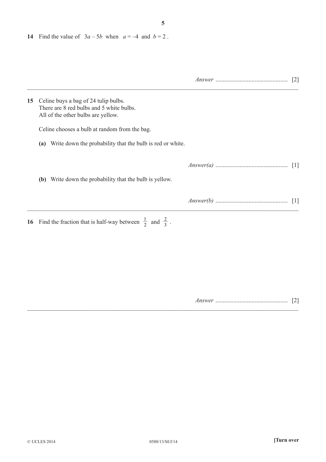 Cambridge IGCSE Mathematics 0580 2014 May/June Paper 1 · Variant 3 question paper, page 5 of 12