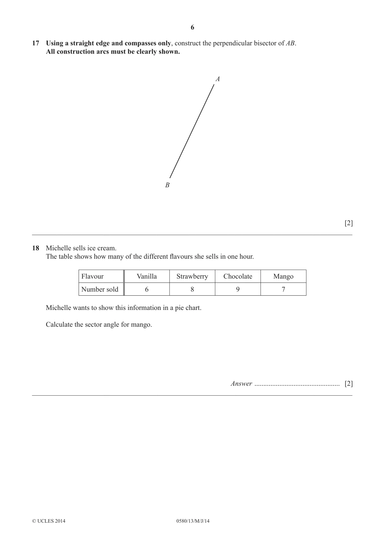 Cambridge IGCSE Mathematics 0580 2014 May/June Paper 1 · Variant 3 question paper, page 6 of 12