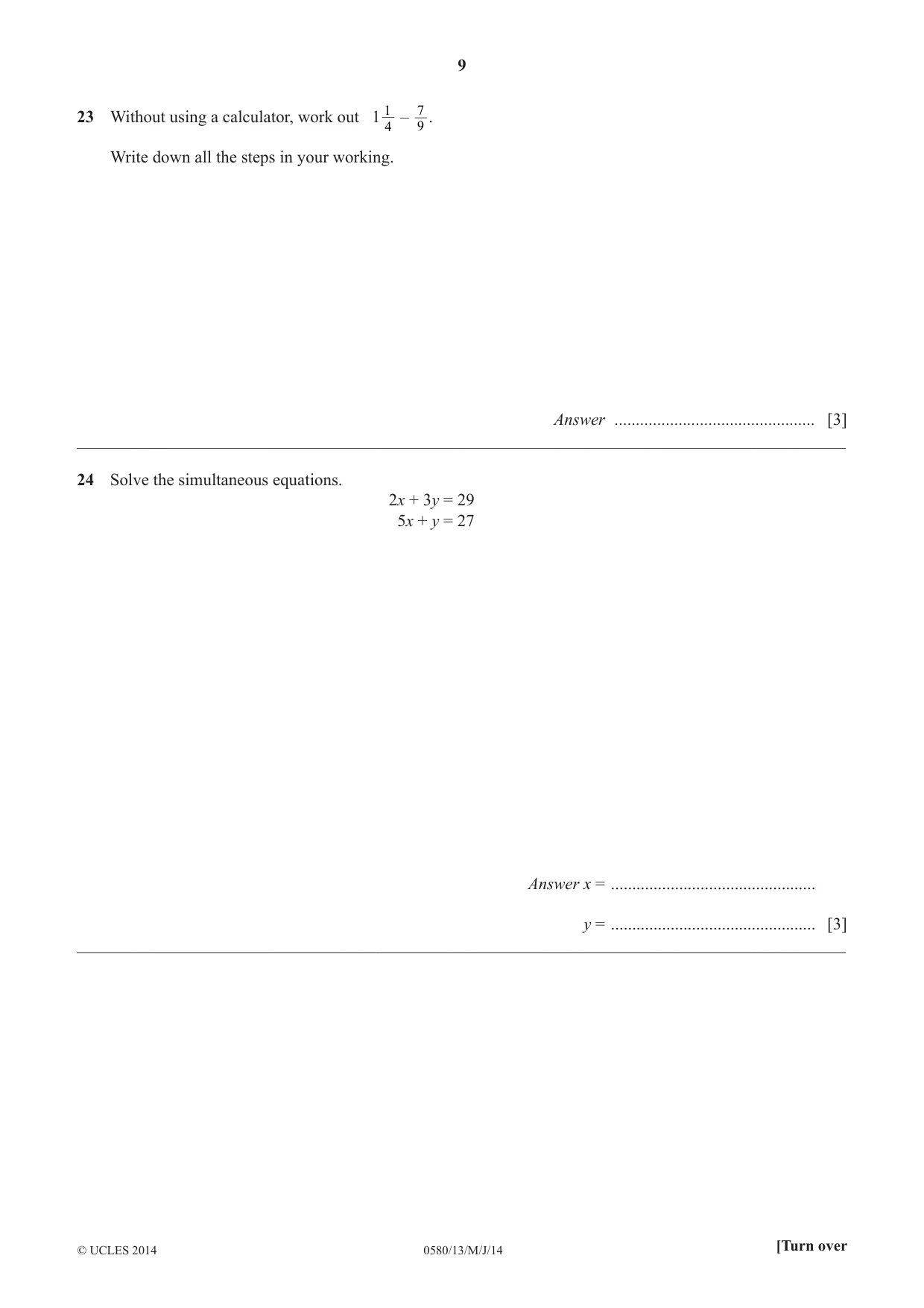 Cambridge IGCSE Mathematics 0580 2014 May/June Paper 1 · Variant 3 question paper, page 9 of 12
