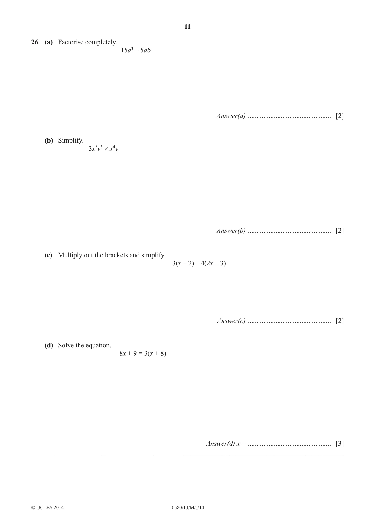 Cambridge IGCSE Mathematics 0580 2014 May/June Paper 1 · Variant 3 question paper, page 11 of 12