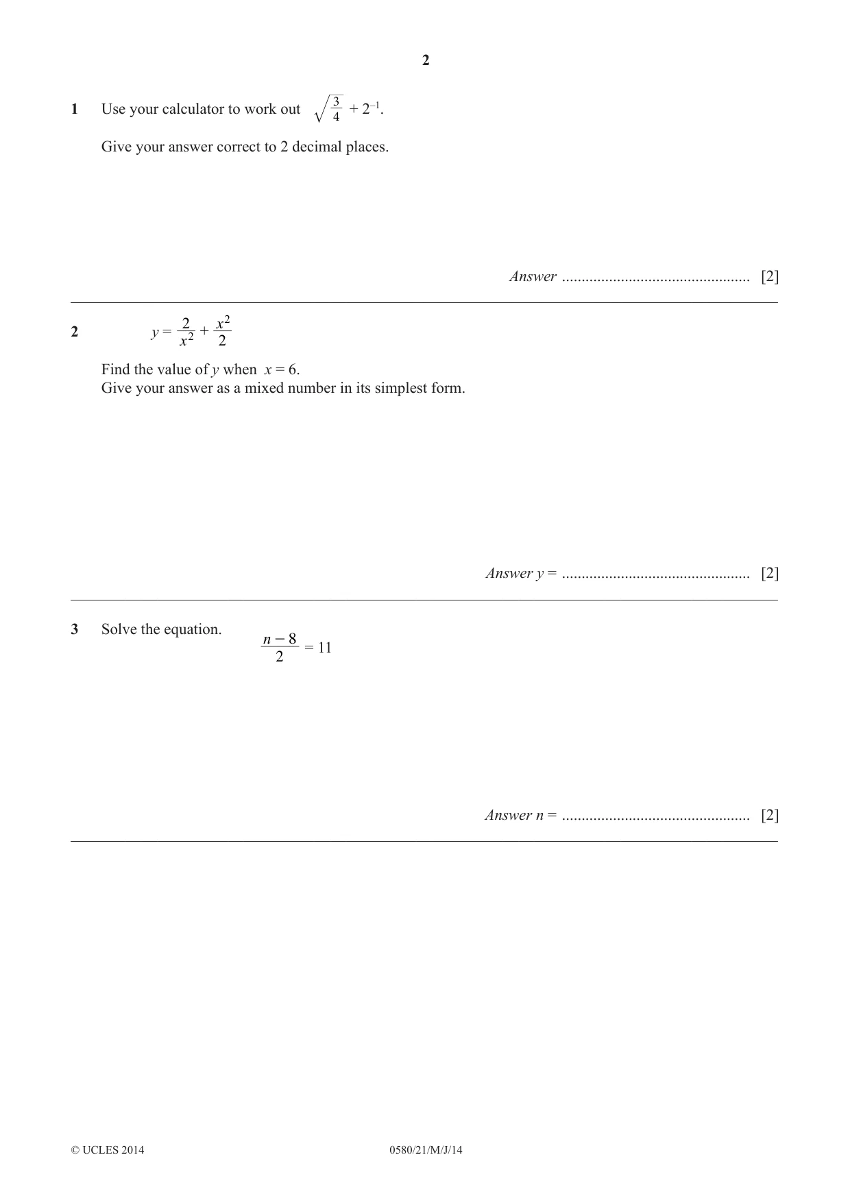 Cambridge IGCSE Mathematics 0580 2014 May/June Paper 2 · Variant 1 question paper, page 2 of 12