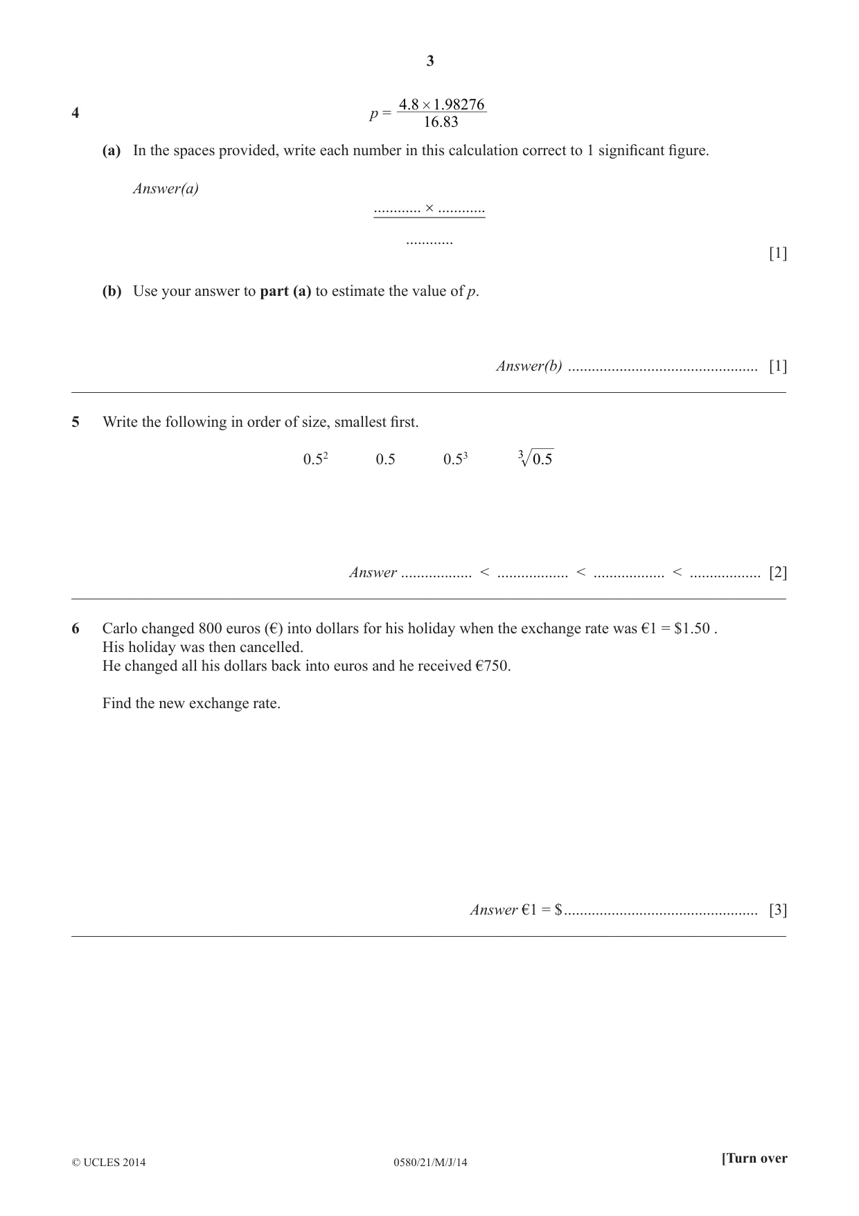 Cambridge IGCSE Mathematics 0580 2014 May/June Paper 2 · Variant 1 question paper, page 3 of 12