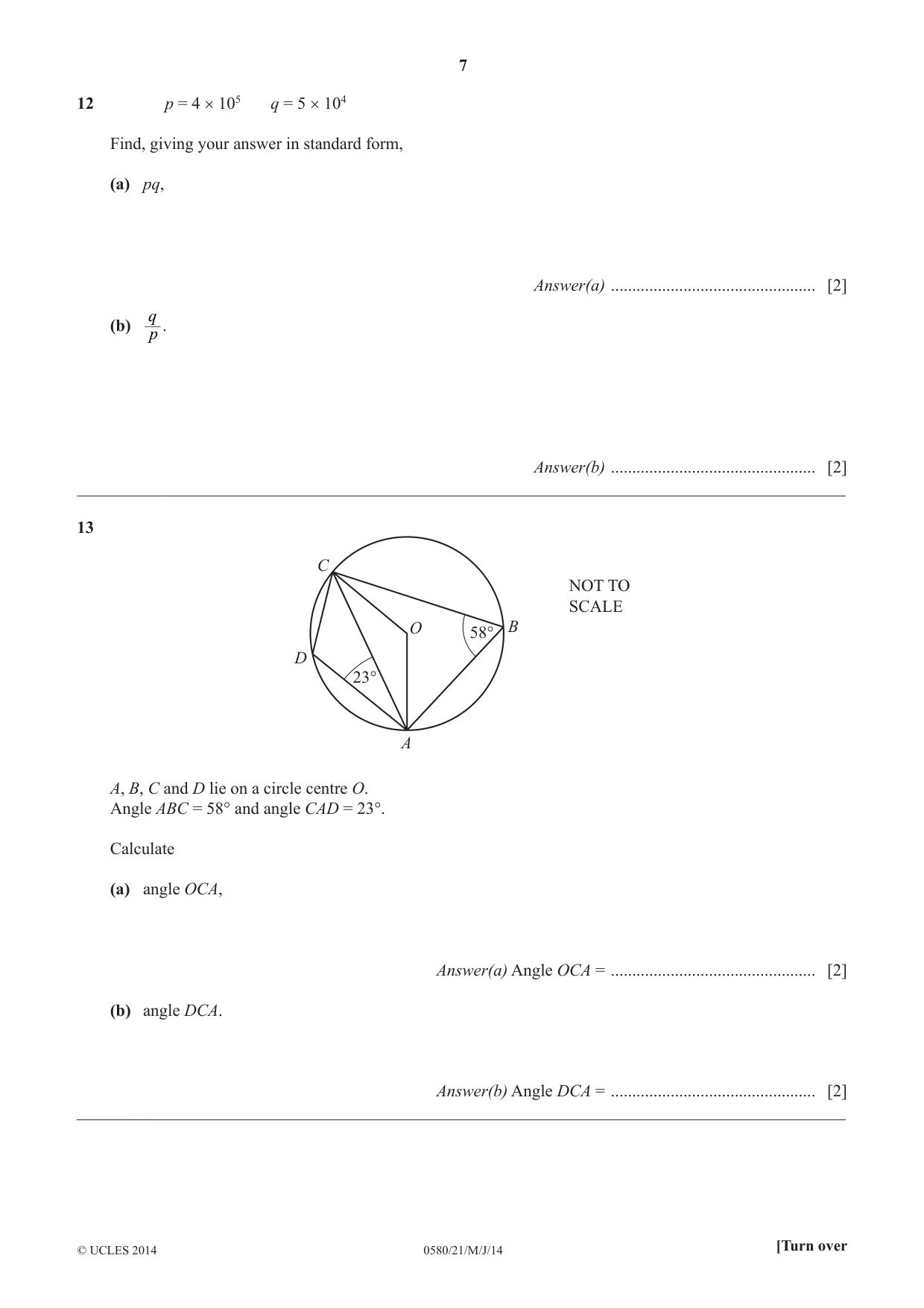 Cambridge IGCSE Mathematics 0580 2014 May/June Paper 2 · Variant 1 question paper, page 7 of 12