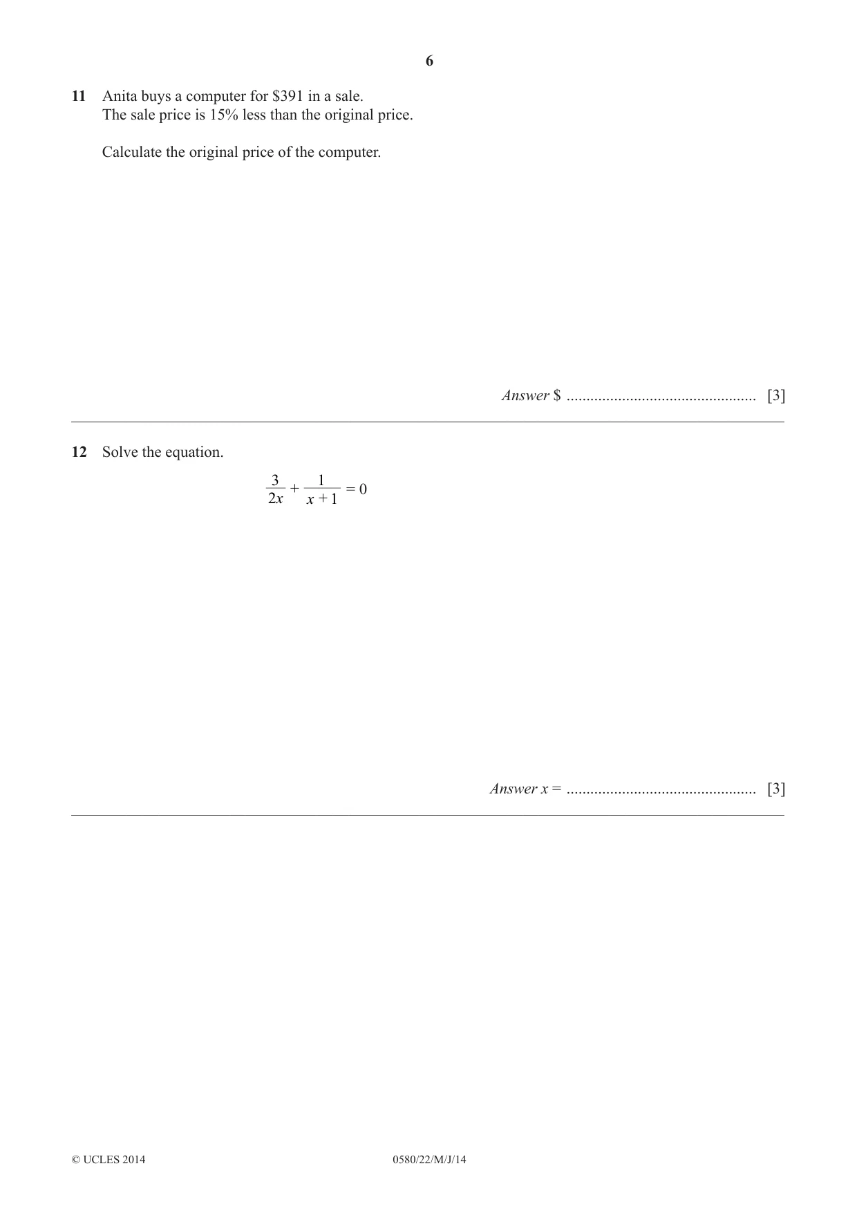 Cambridge IGCSE Mathematics 0580 2014 May/June Paper 2 · Variant 2 question paper, page 6 of 12