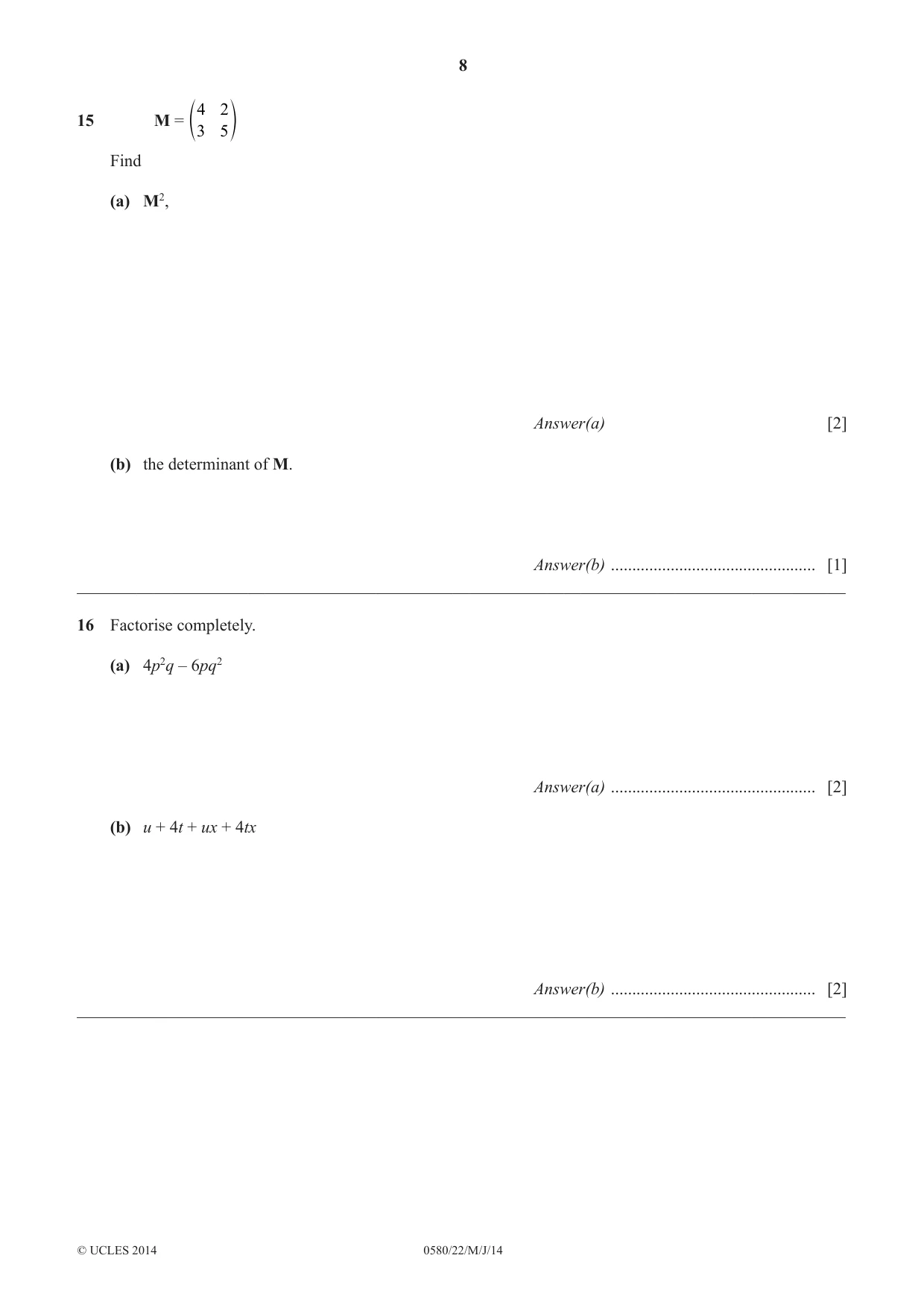 Cambridge IGCSE Mathematics 0580 2014 May/June Paper 2 · Variant 2 question paper, page 8 of 12