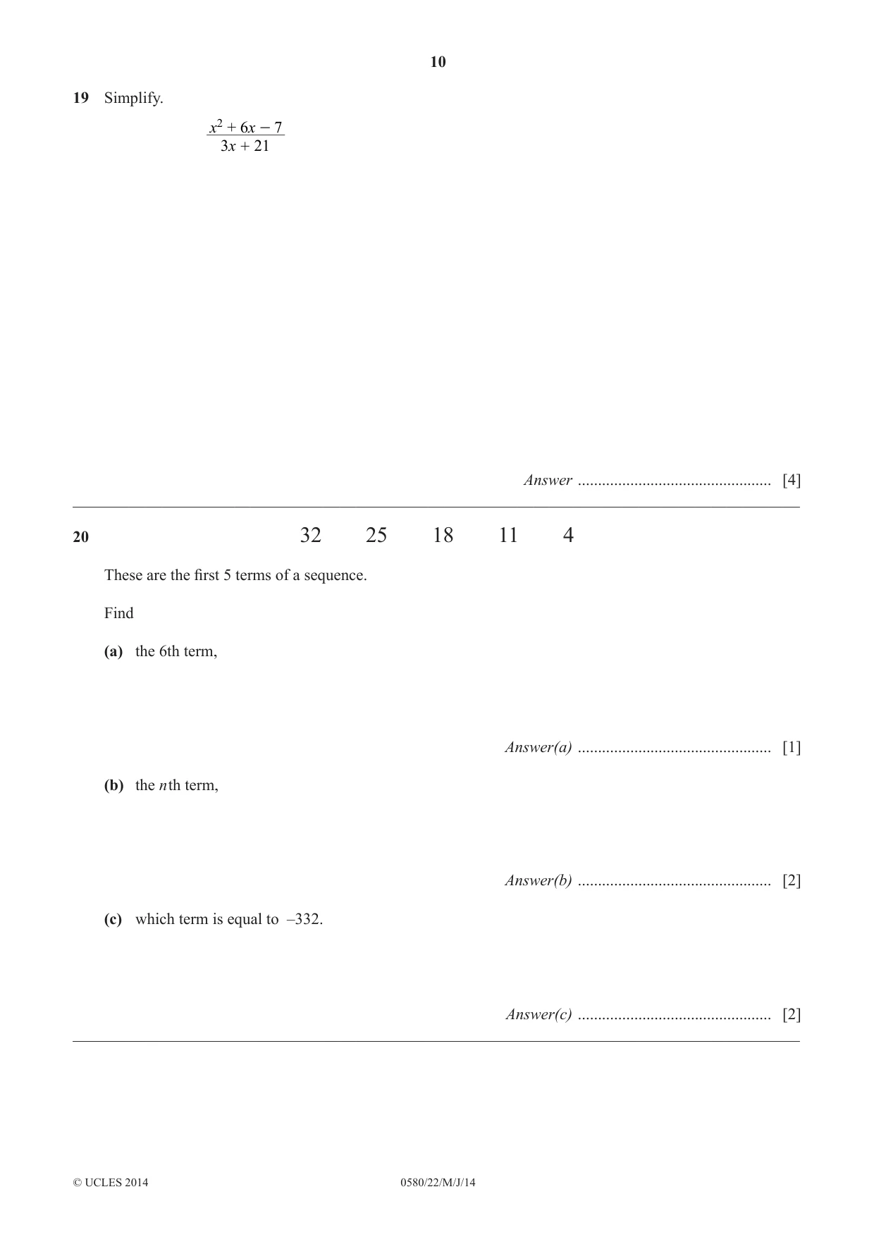 Cambridge IGCSE Mathematics 0580 2014 May/June Paper 2 · Variant 2 question paper, page 10 of 12