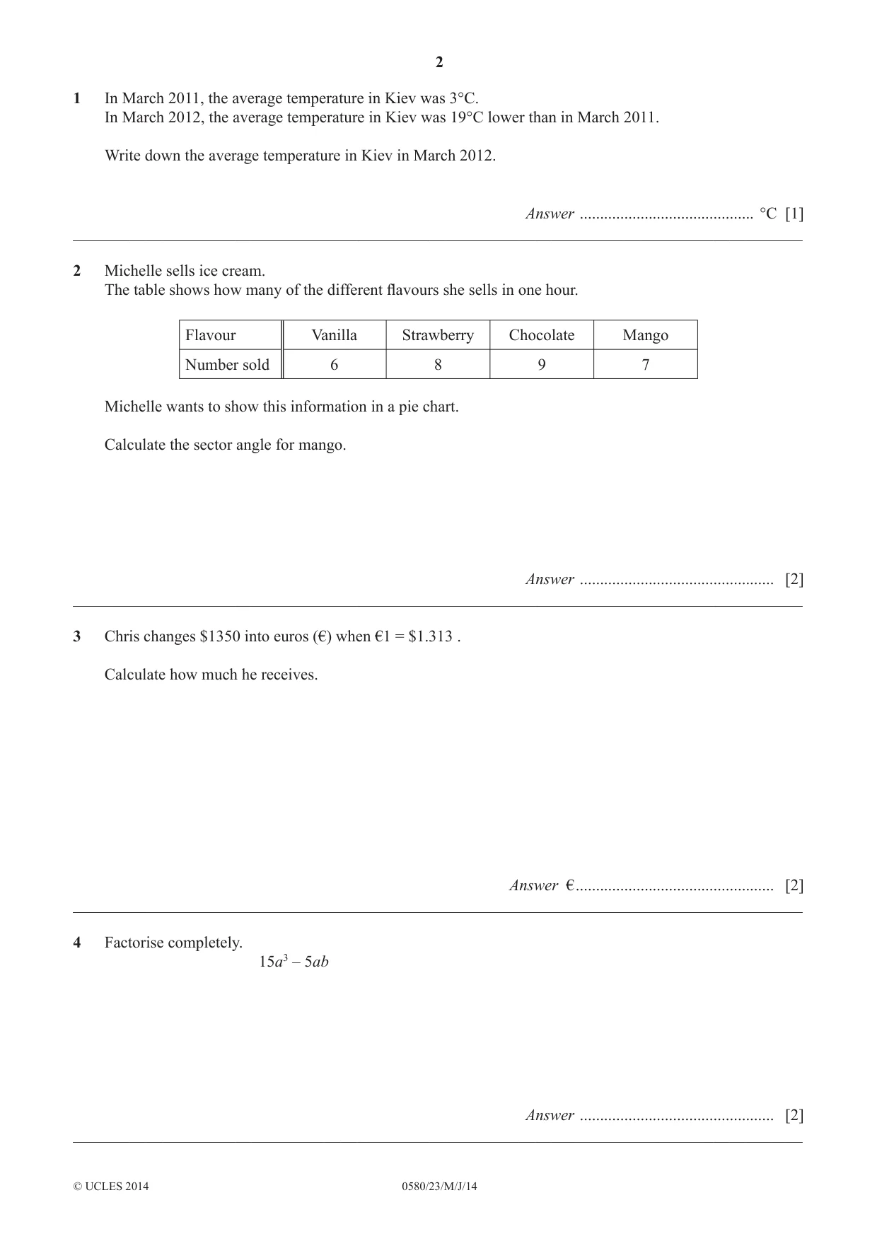 Cambridge IGCSE Mathematics 0580 2014 May/June Paper 2 · Variant 3 question paper, page 2 of 12