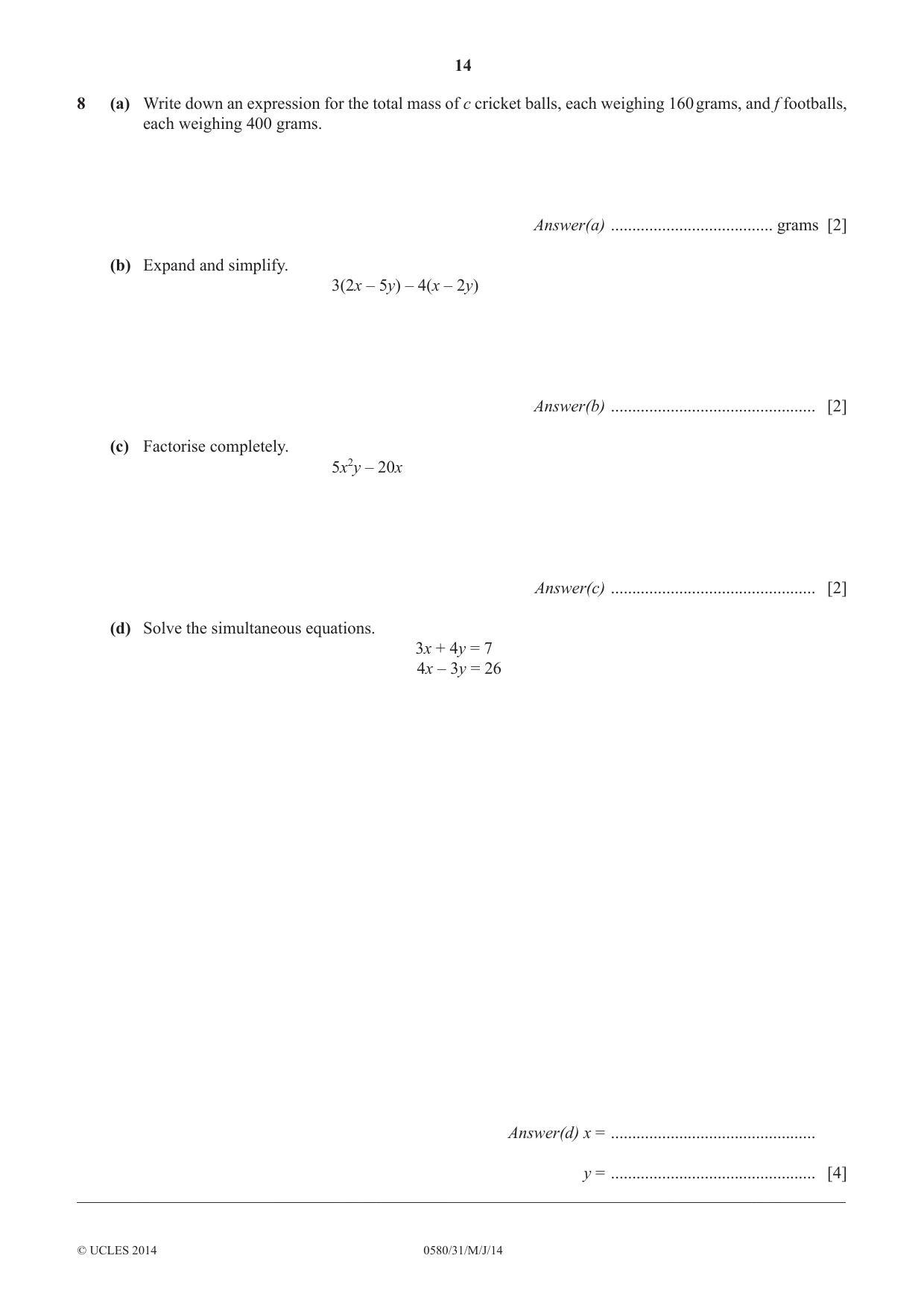 Cambridge IGCSE Mathematics 0580 2014 May/June Paper 3 · Variant 1 question paper, page 14 of 16