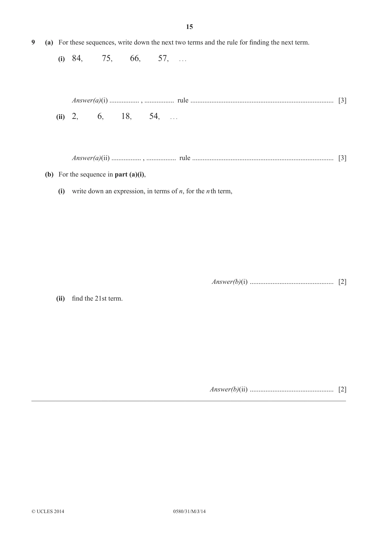 Cambridge IGCSE Mathematics 0580 2014 May/June Paper 3 · Variant 1 question paper, page 15 of 16