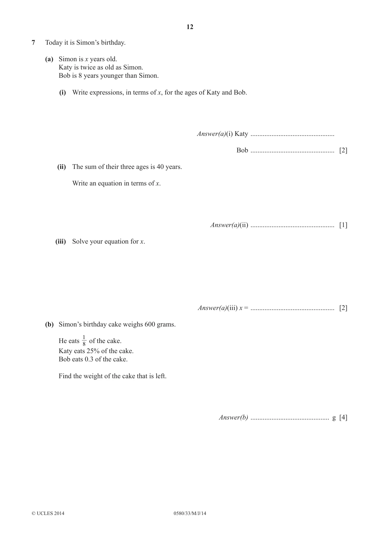 Cambridge IGCSE Mathematics 0580 2014 May/June Paper 3 · Variant 3 question paper, page 12 of 16