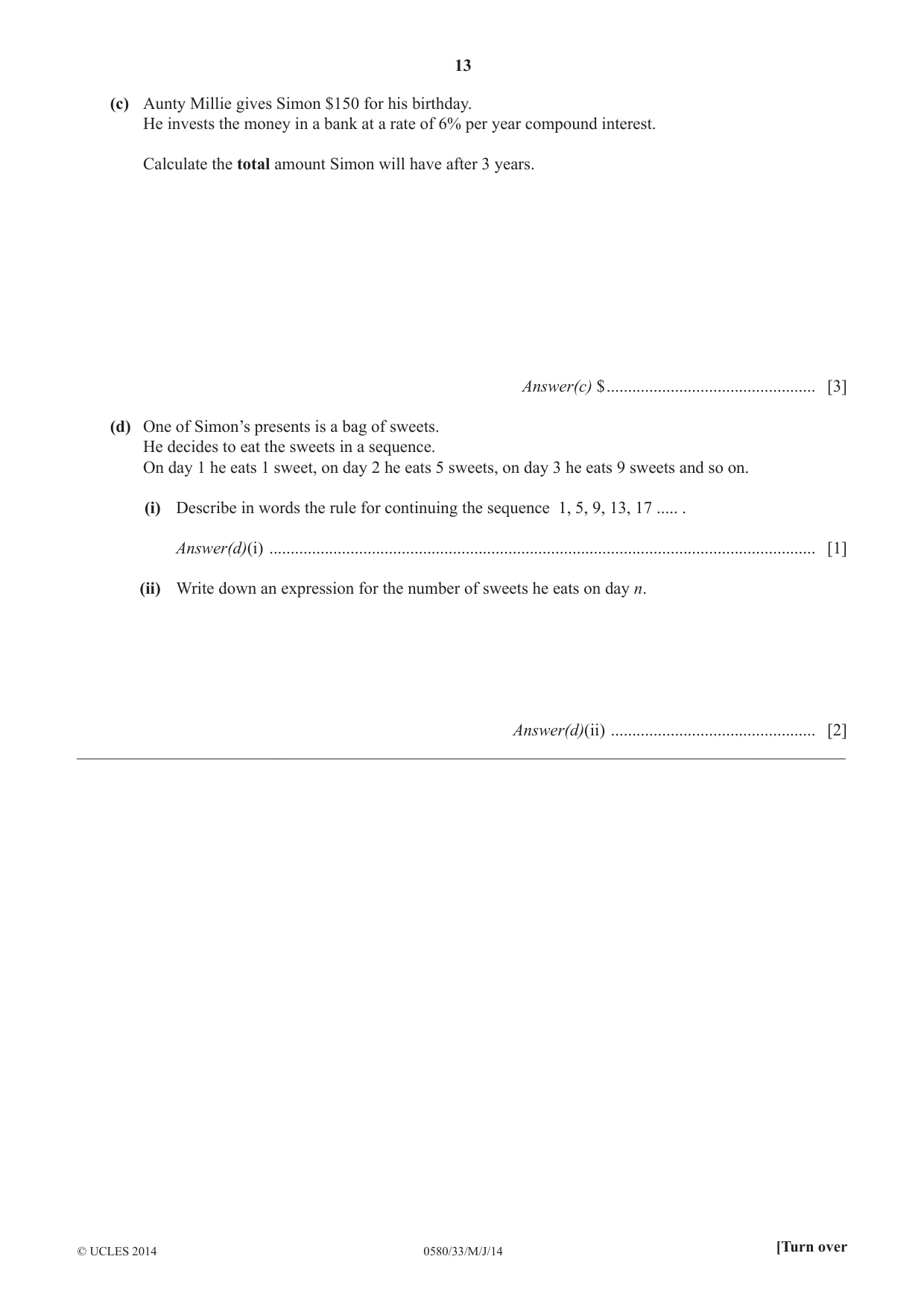 Cambridge IGCSE Mathematics 0580 2014 May/June Paper 3 · Variant 3 question paper, page 13 of 16