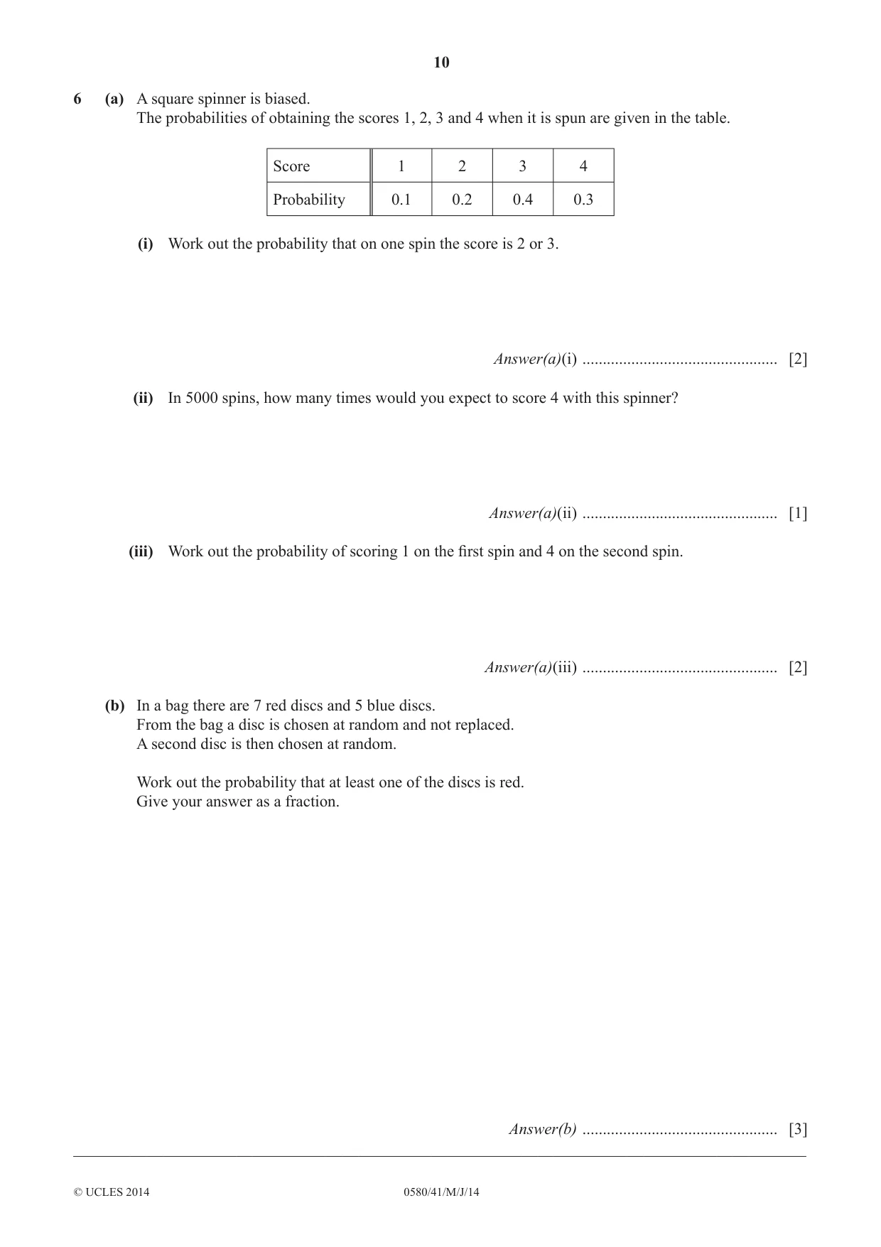 Cambridge IGCSE Mathematics 0580 2014 May/June Paper 4 · Variant 1 question paper, page 10 of 20