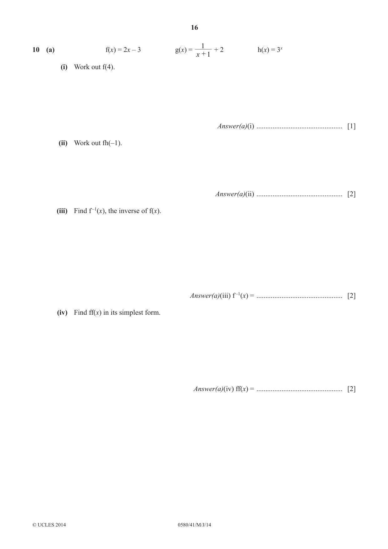 Cambridge IGCSE Mathematics 0580 2014 May/June Paper 4 · Variant 1 question paper, page 16 of 20