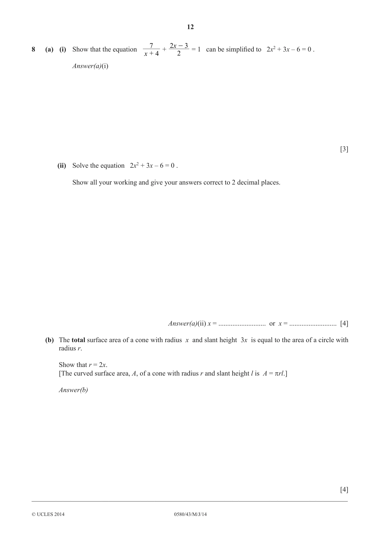 Cambridge IGCSE Mathematics 0580 2014 May/June Paper 4 · Variant 3 question paper, page 12 of 16