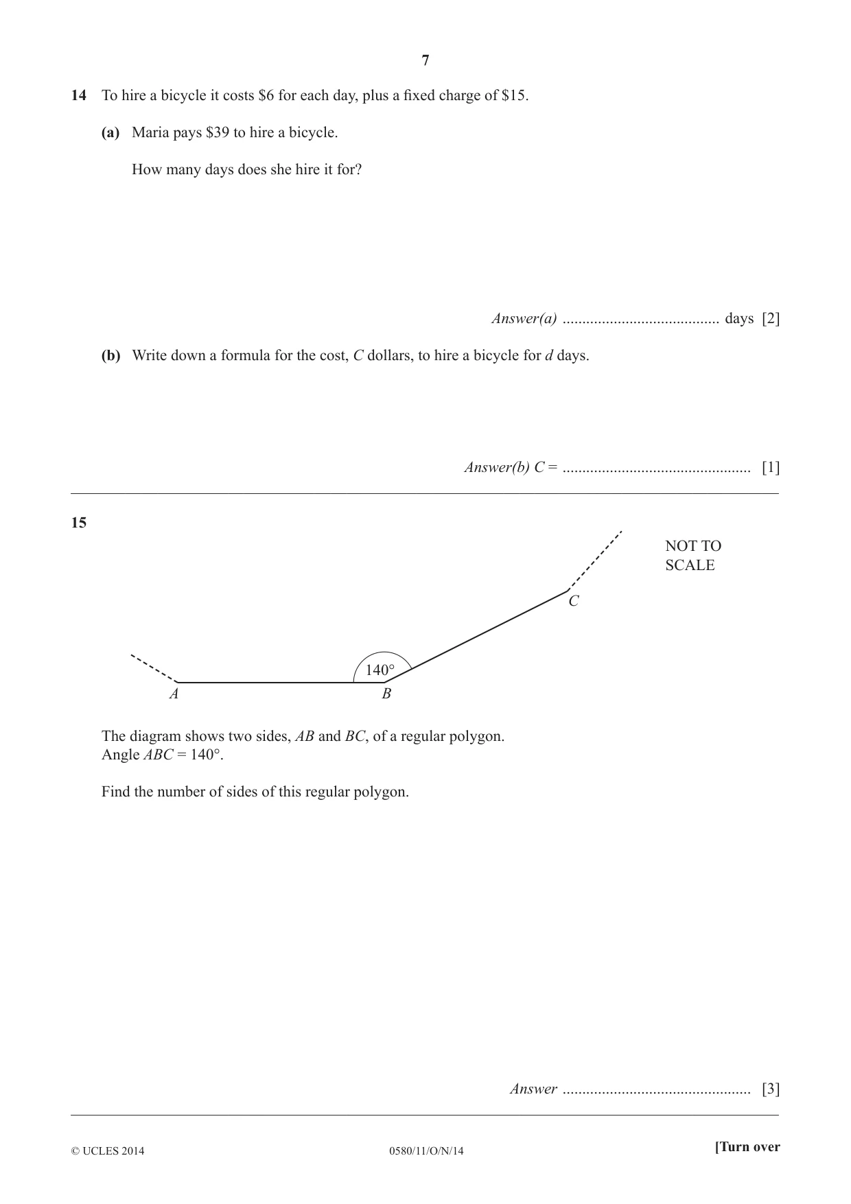 Cambridge IGCSE Mathematics 0580 2014 Oct/Nov Paper 1 · Variant 1 question paper, page 7 of 12