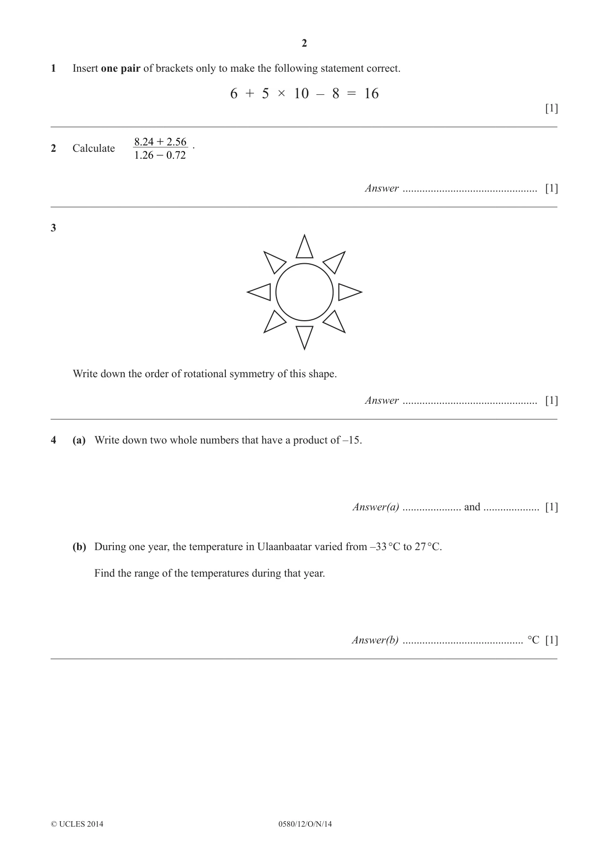 Cambridge IGCSE Mathematics 0580 2014 Oct/Nov Paper 1 · Variant 2 question paper, page 2 of 12