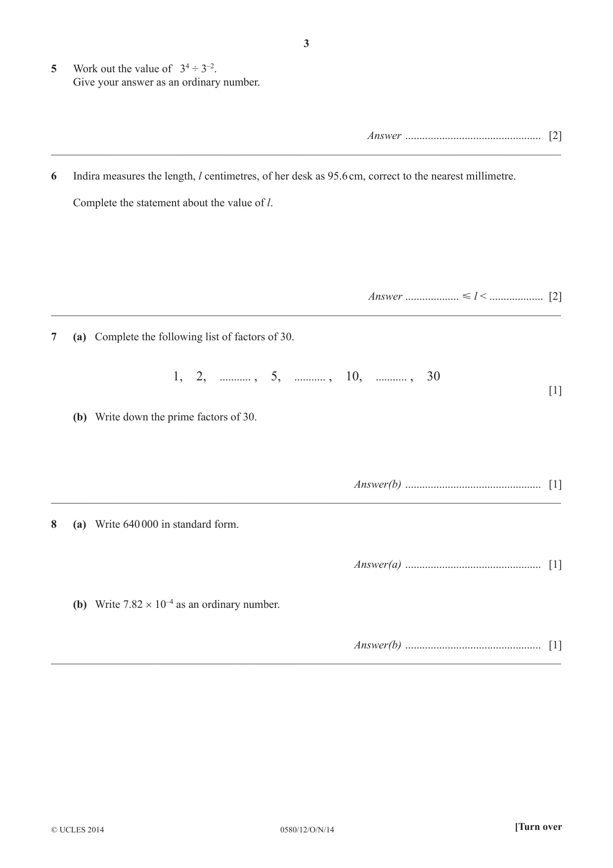 Cambridge IGCSE Mathematics 0580 2014 Oct/Nov Paper 1 · Variant 2 question paper, page 3 of 12