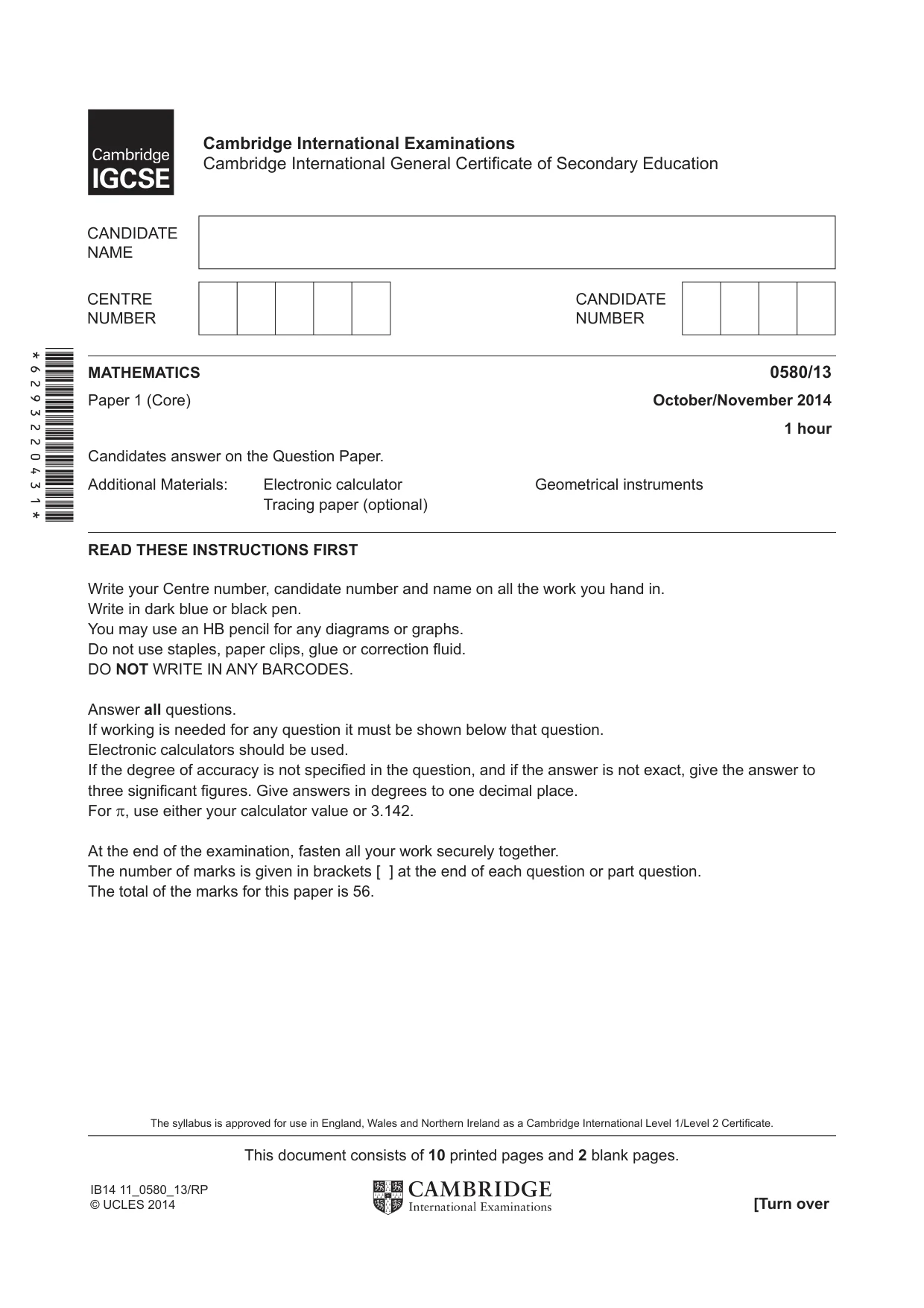 Cambridge IGCSE Mathematics 0580 2014 Oct/Nov Paper 1 · Variant 3 question paper, page 1 of 12
