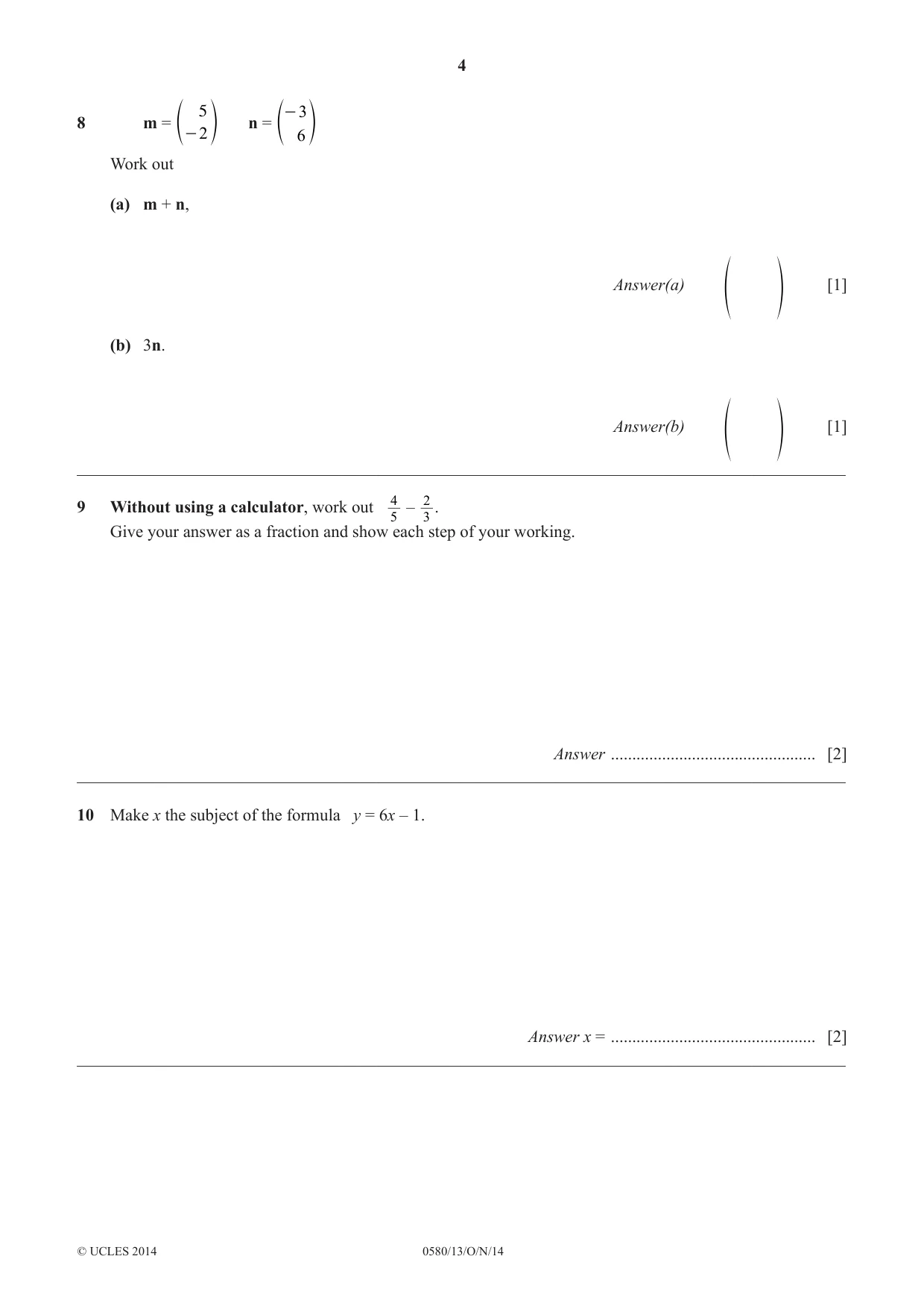 Cambridge IGCSE Mathematics 0580 2014 Oct/Nov Paper 1 · Variant 3 question paper, page 4 of 12
