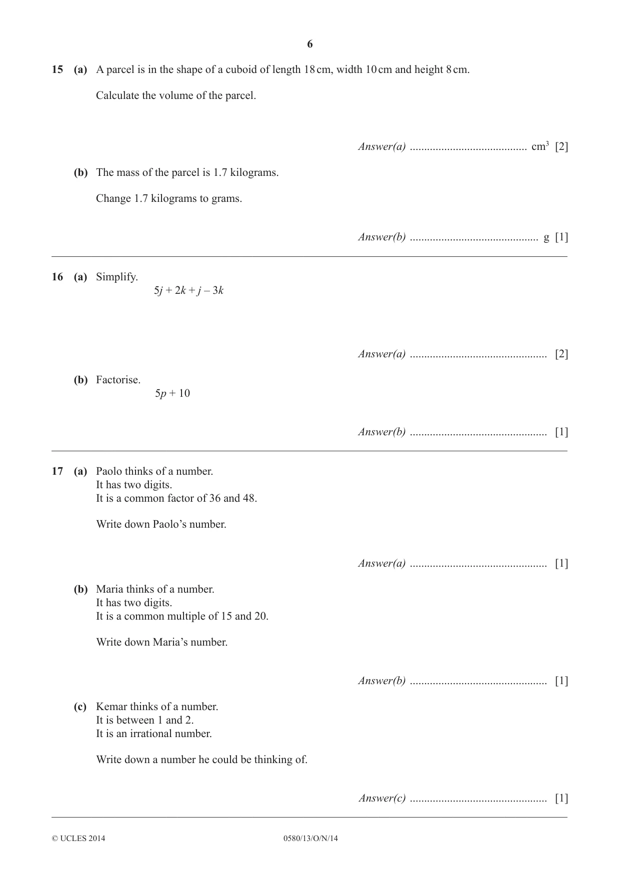 Cambridge IGCSE Mathematics 0580 2014 Oct/Nov Paper 1 · Variant 3 question paper, page 6 of 12