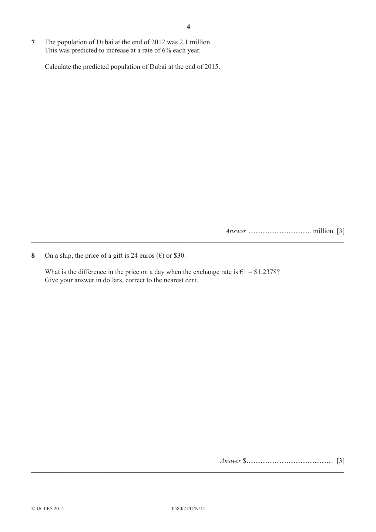 Cambridge IGCSE Mathematics 0580 2014 Oct/Nov Paper 2 · Variant 1 question paper, page 4 of 12