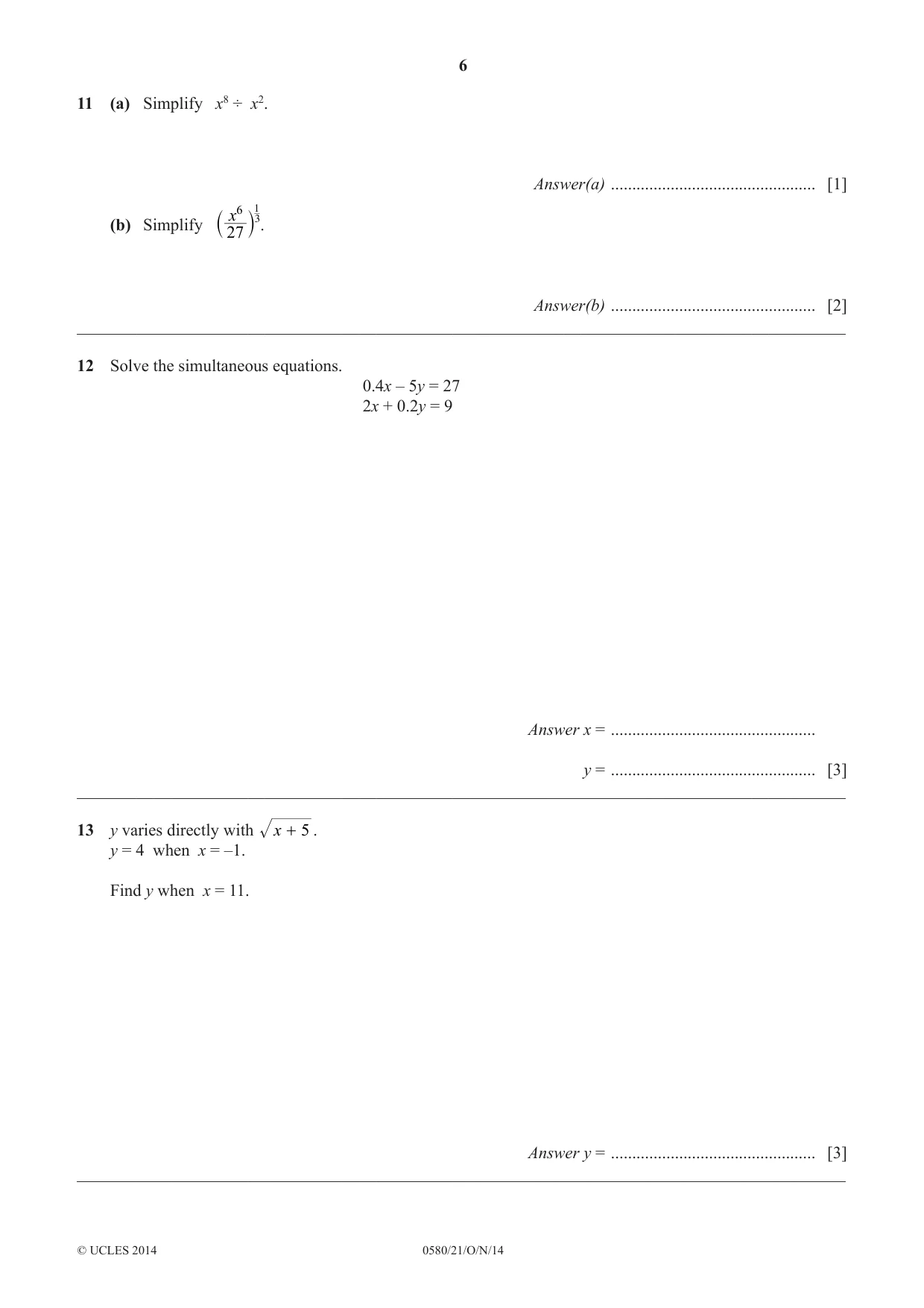 Cambridge IGCSE Mathematics 0580 2014 Oct/Nov Paper 2 · Variant 1 question paper, page 6 of 12