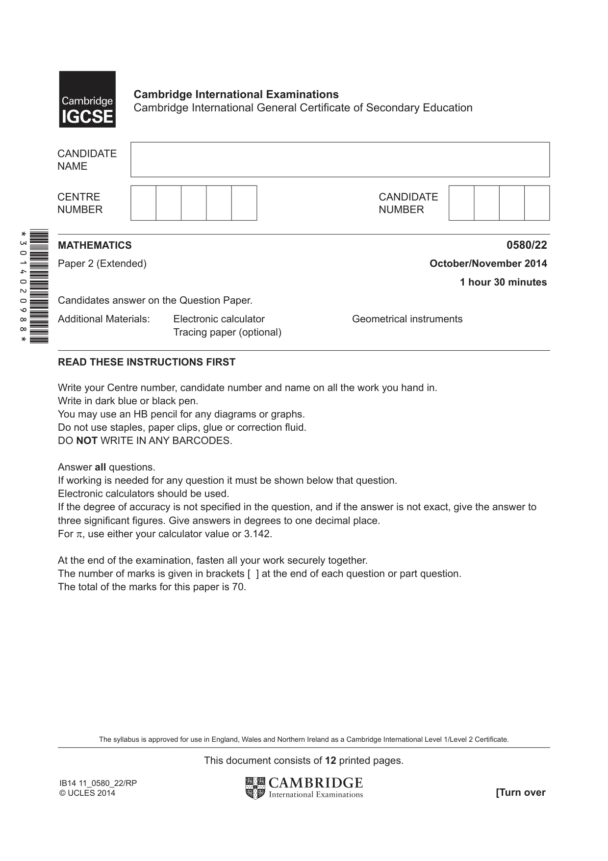 Cambridge IGCSE Mathematics 0580 2014 Oct/Nov Paper 2 · Variant 2 question paper, page 1 of 12
