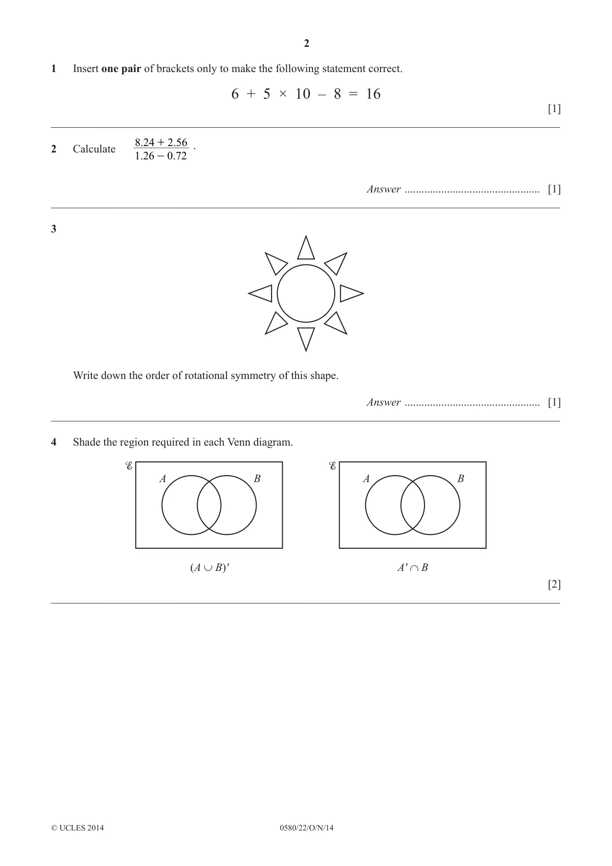 Cambridge IGCSE Mathematics 0580 2014 Oct/Nov Paper 2 · Variant 2 question paper, page 2 of 12