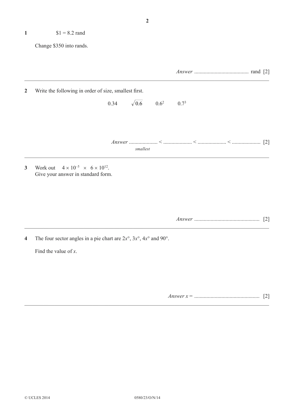 Cambridge IGCSE Mathematics 0580 2014 Oct/Nov Paper 2 · Variant 3 question paper, page 2 of 12