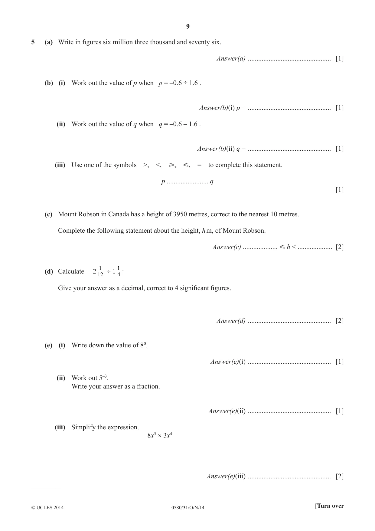 Cambridge IGCSE Mathematics 0580 2014 Oct/Nov Paper 3 · Variant 1 question paper, page 9 of 16