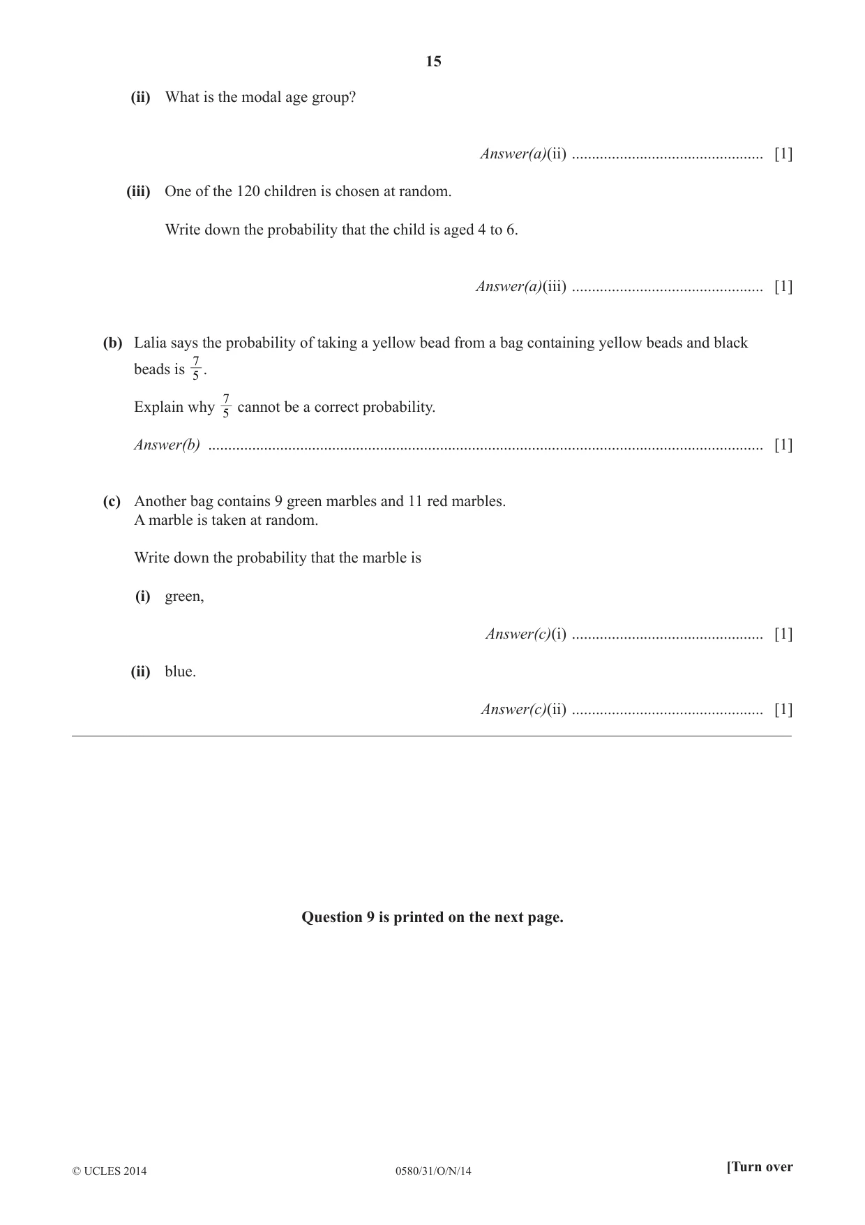 Cambridge IGCSE Mathematics 0580 2014 Oct/Nov Paper 3 · Variant 1 question paper, page 15 of 16